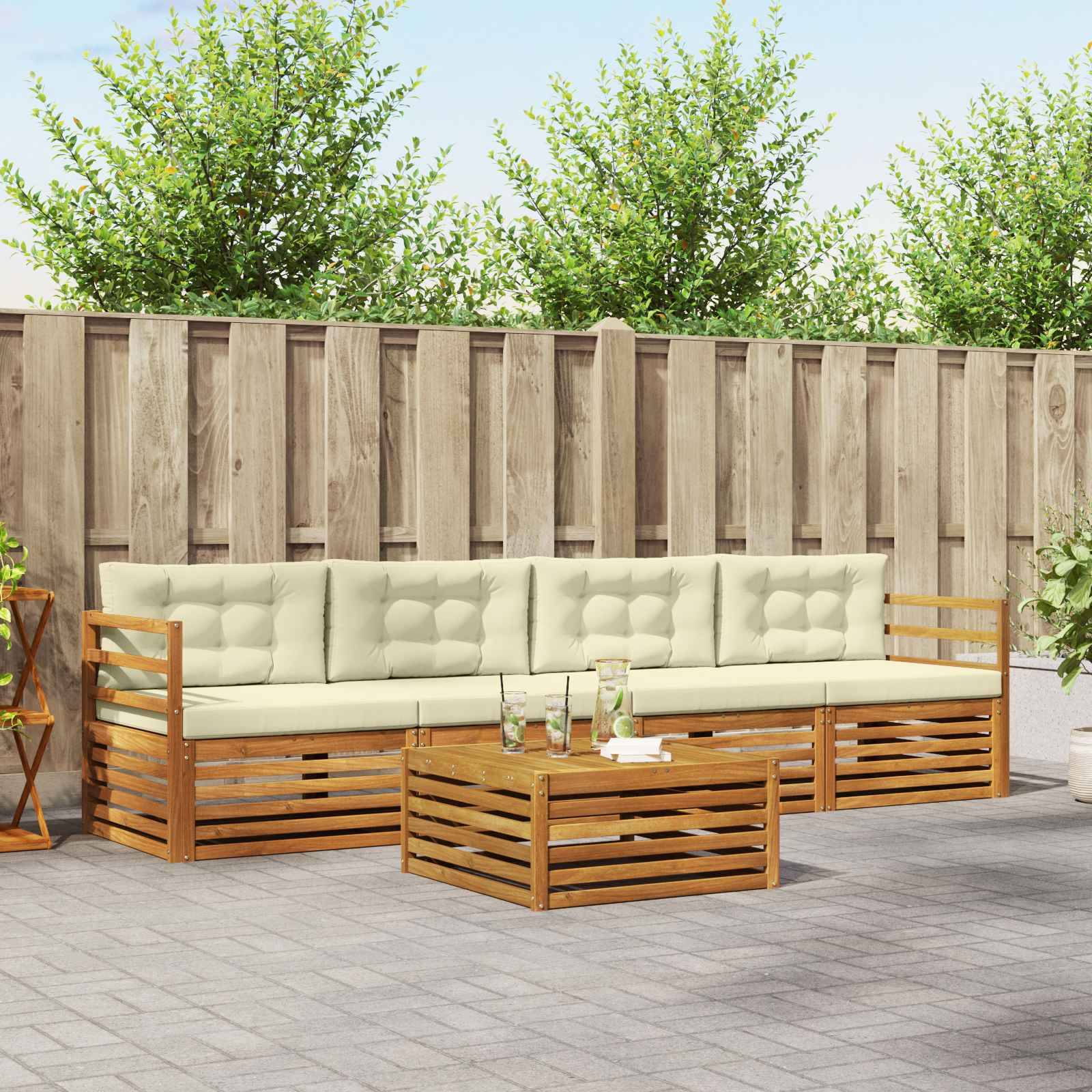 vidaXL Outdoor-Sofagarnitur mit Kissen 5 pcs Natur und Creme