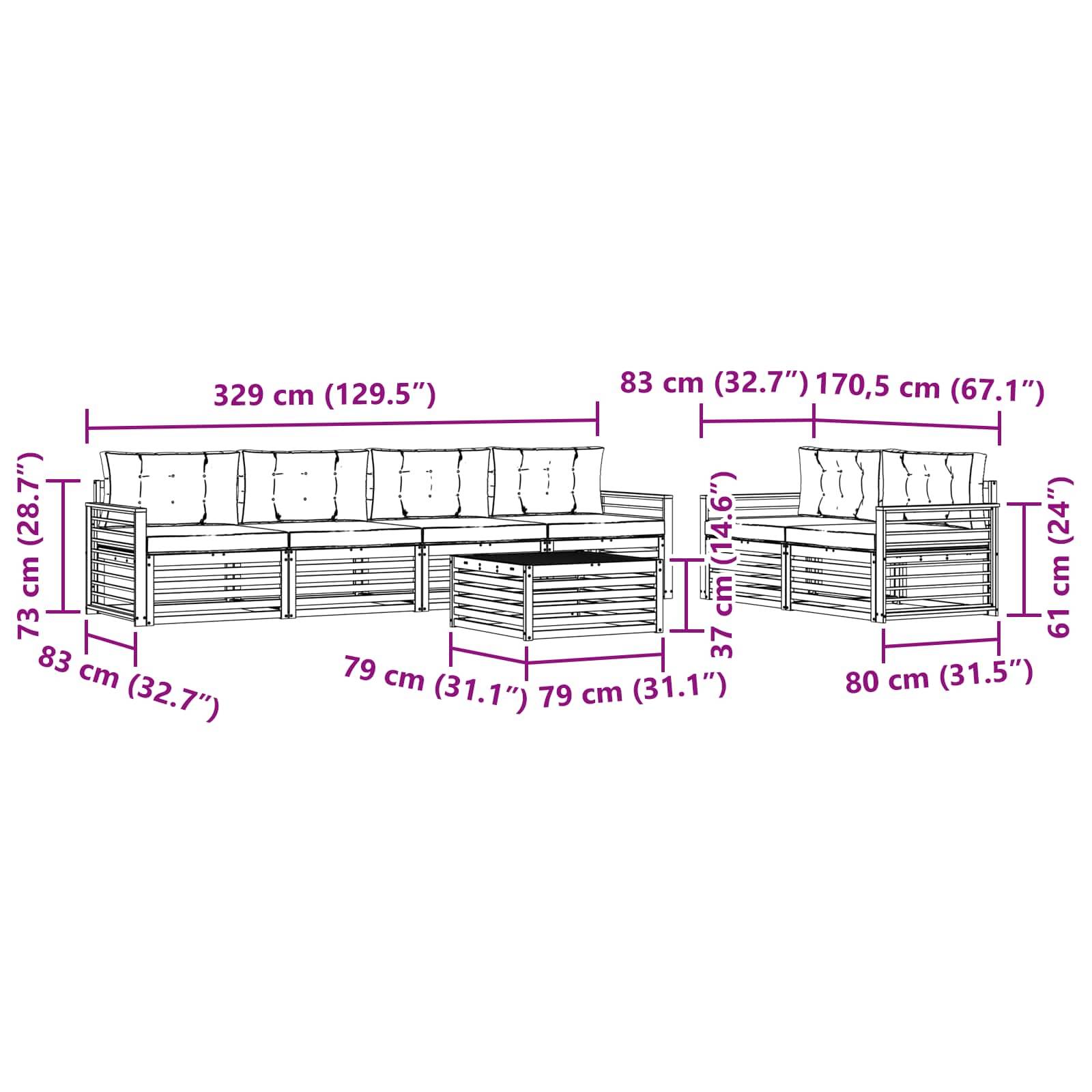 L-förmige Gartensofa-Set Abmessungen: 329 cm Breite, 73 cm Höhe auf der linken Seite; 170,5 cm Breite, 61 cm Höhe auf der rechten Seite; Kissen inbegriffen.