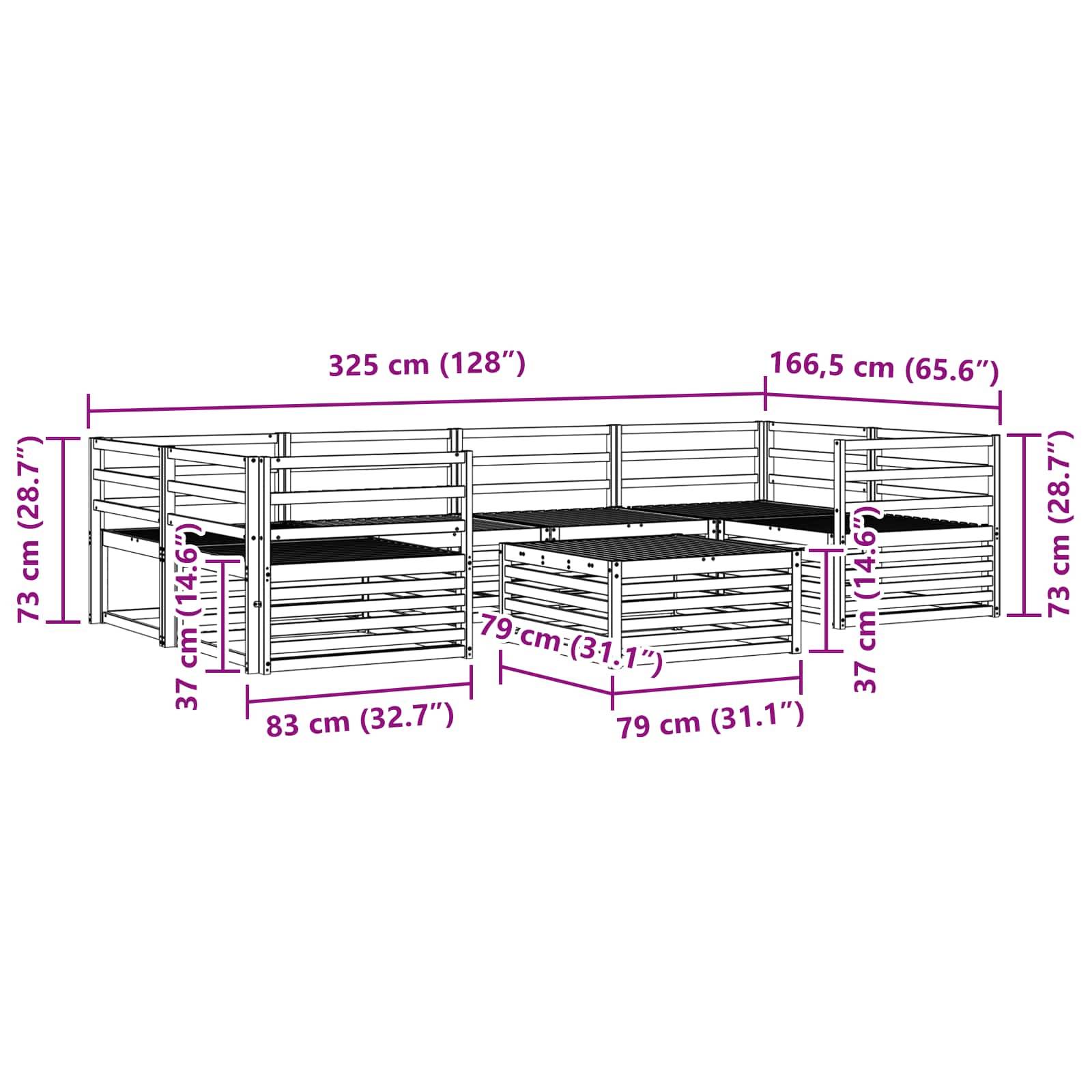 L-förmige Außenholzsitzgruppe mit Kissen. Die Abmessungen für Länge und Höhe der Sitzfläche sind angegeben und bestätigen ein großzügiges Design.
