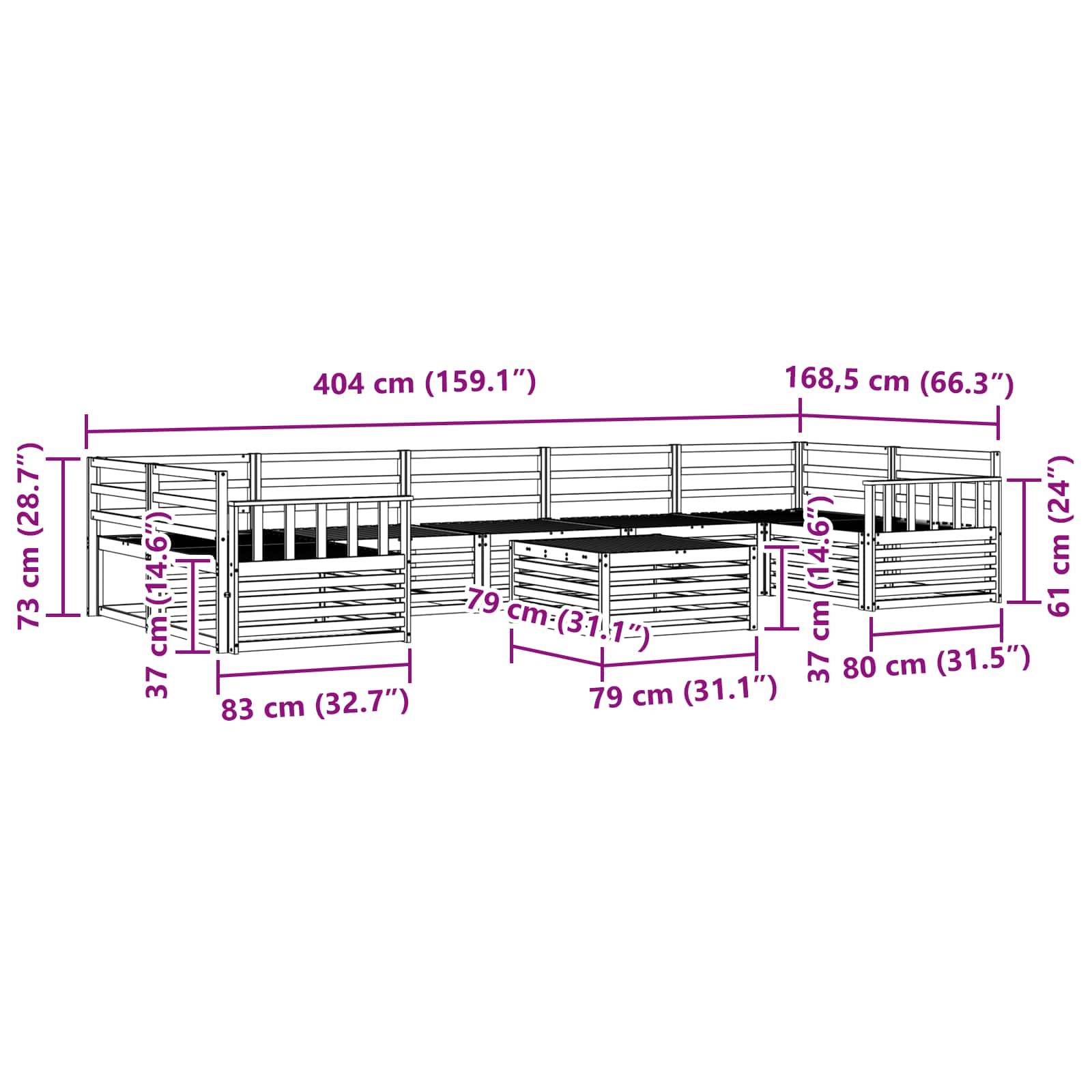 Diagramm eines erhöhten Gartenbeets mit Abmessungen: 404 cm Länge, 168,5 cm Breite, 73 cm Höhe. Enthält innere und äußere Maße.