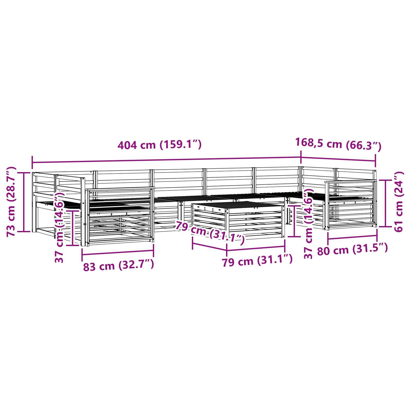Schematic eines Holzgartenbeets mit Abmessungen: 404 cm Länge, 168,5 cm Breite, verschiedene Höhen von 73 cm, 61 cm und 37 cm.