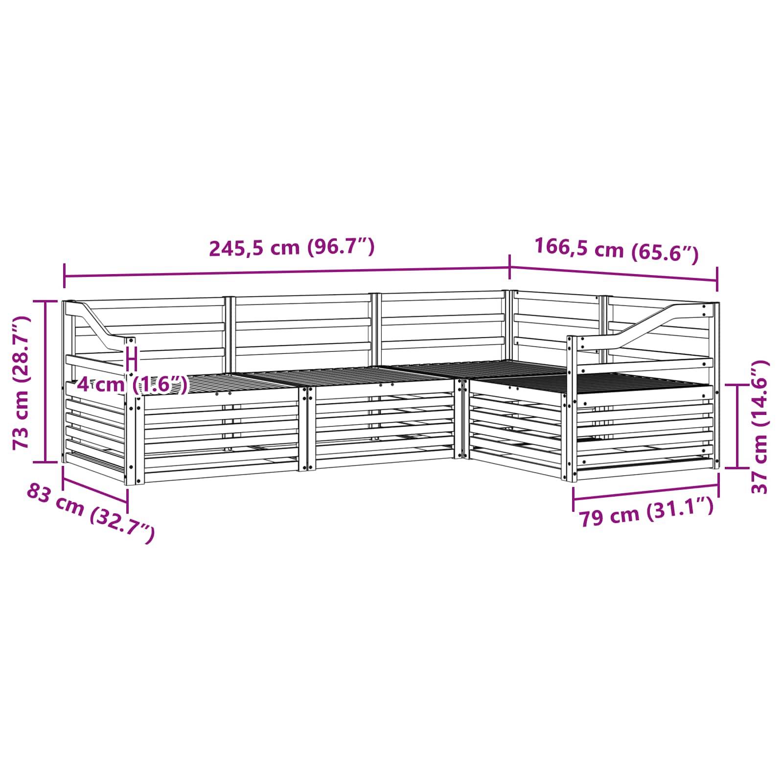 Außeneckbank-Abmessungen: Länge 245,5 cm und 166,5 cm, Höhe 73 cm, Tiefe 83 cm und 79 cm. Inklusive Rückenlehne und Seitenpaneele.