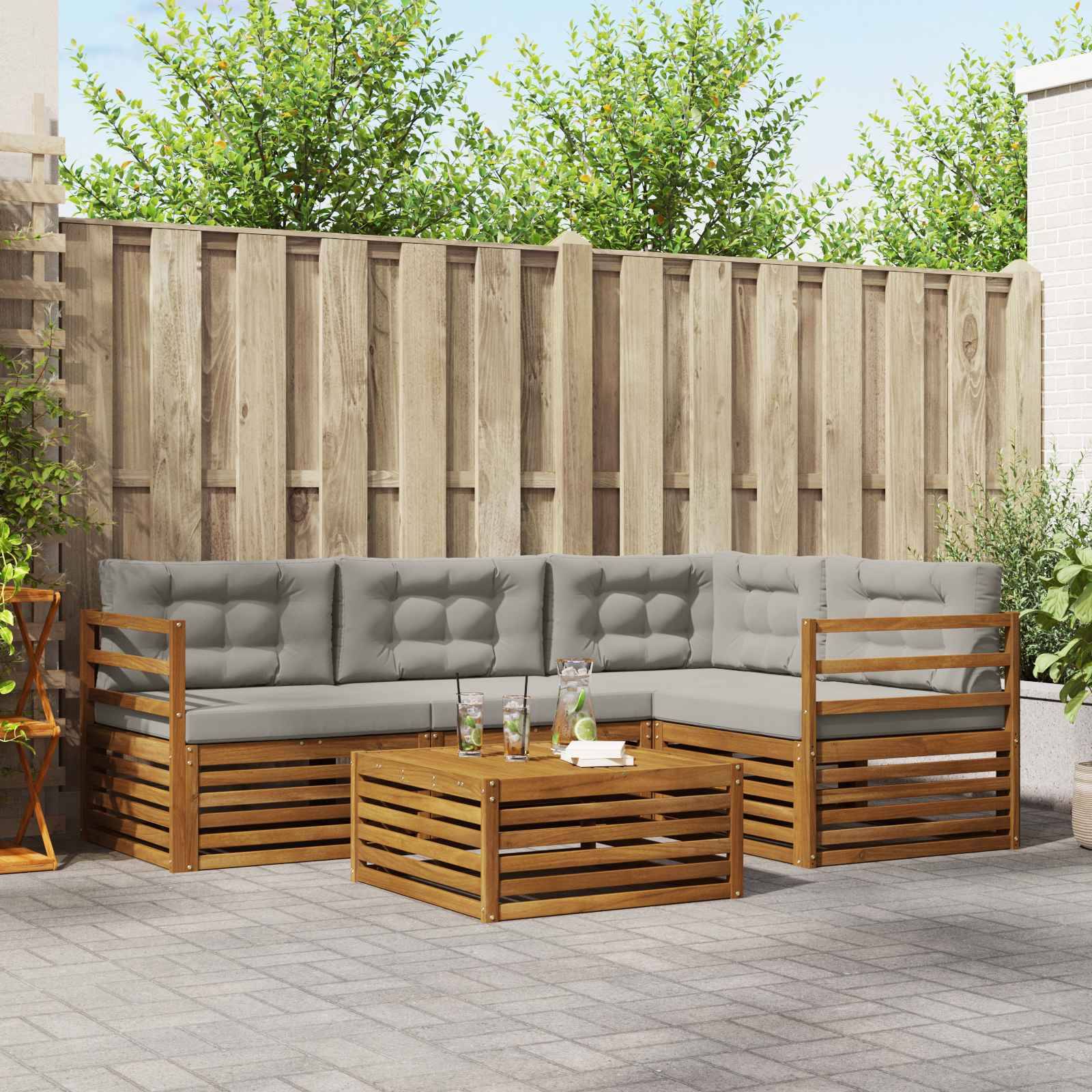 vidaXL Outdoor-Sofagarnitur mit Kissen 5 pcs Natürlich und Hellgrau