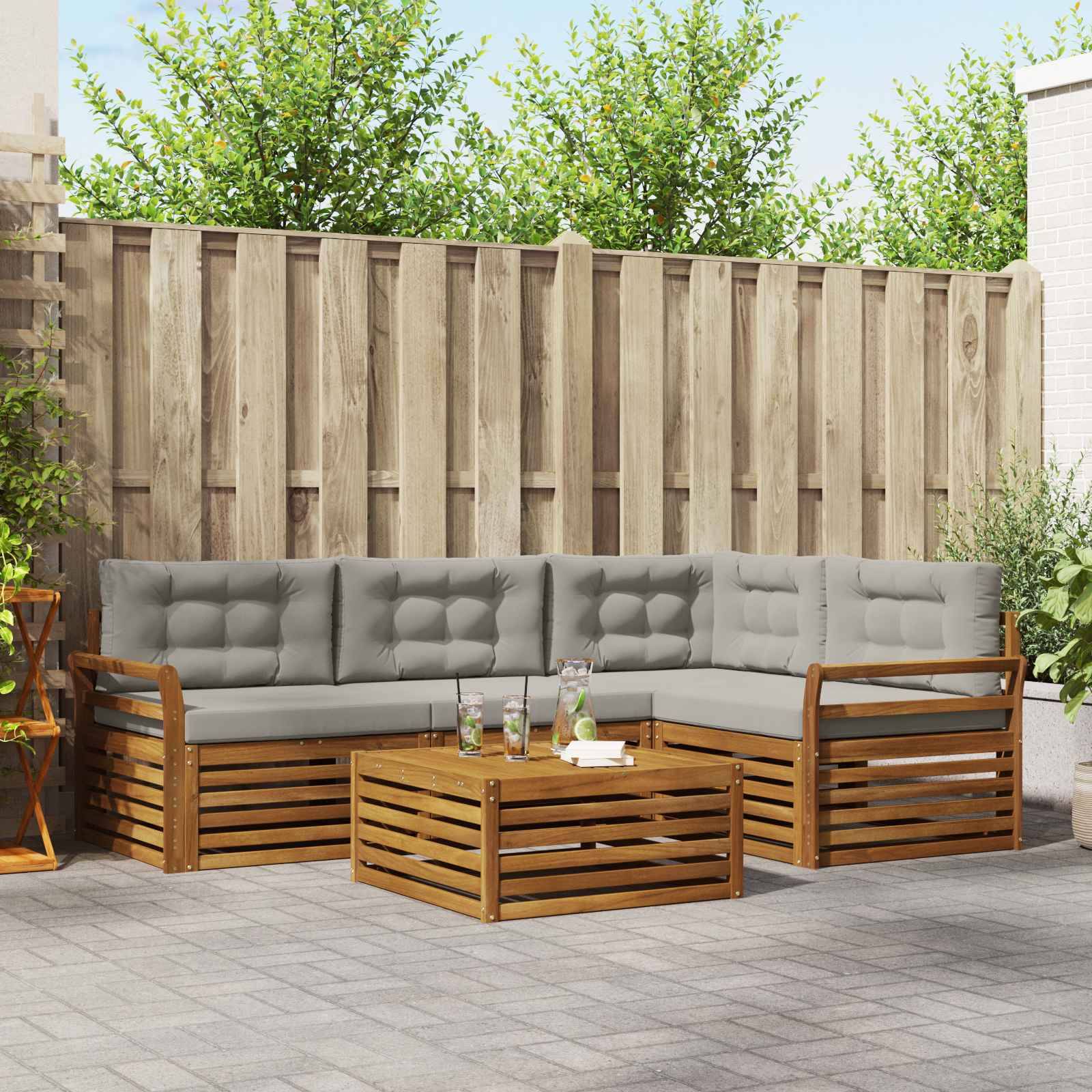 vidaXL Outdoor-Sofagarnitur mit Kissen 5 pcs Natürlich und Hellgrau