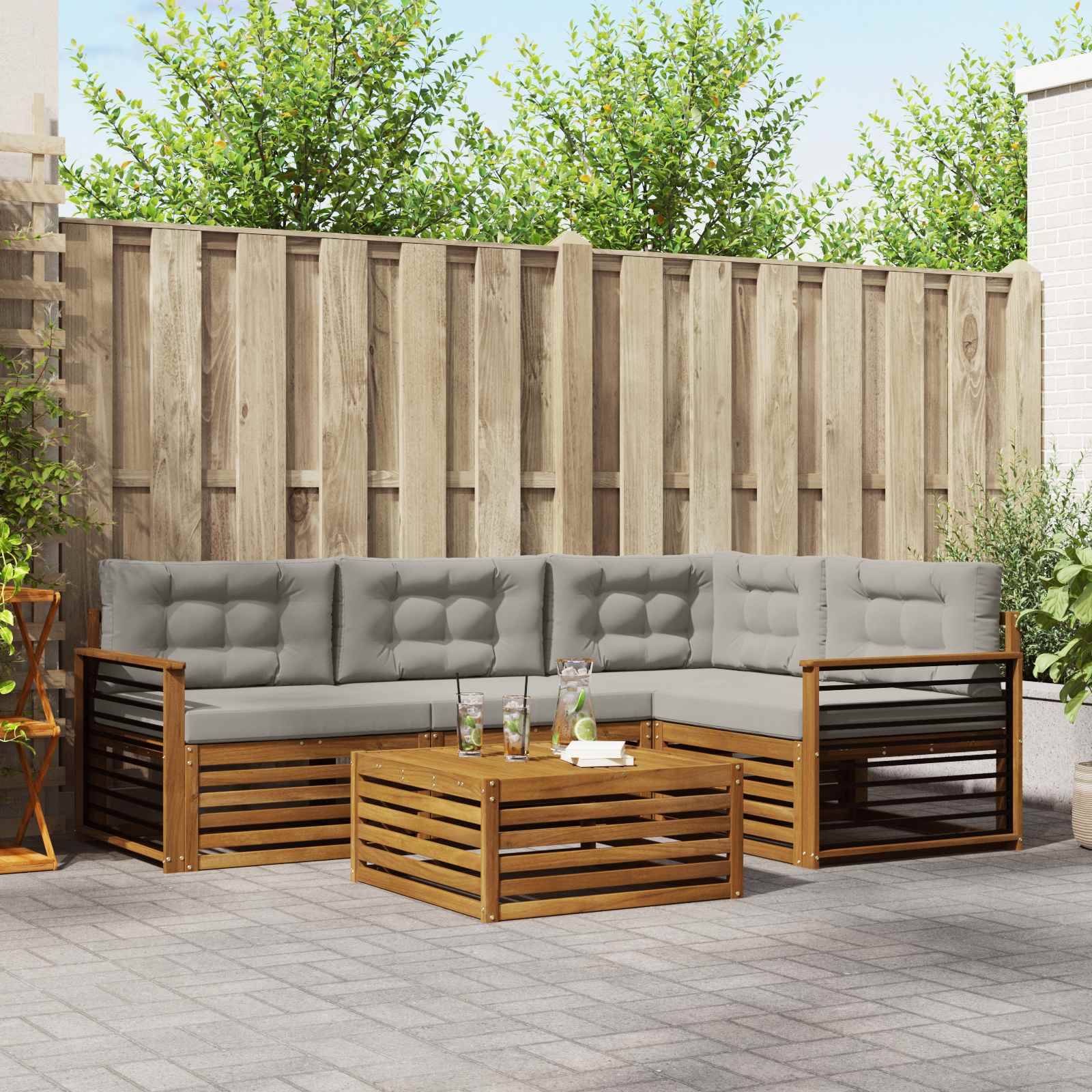 vidaXL Outdoor-Sofagarnitur mit Kissen 5 pcs Natürlich und Hellgrau