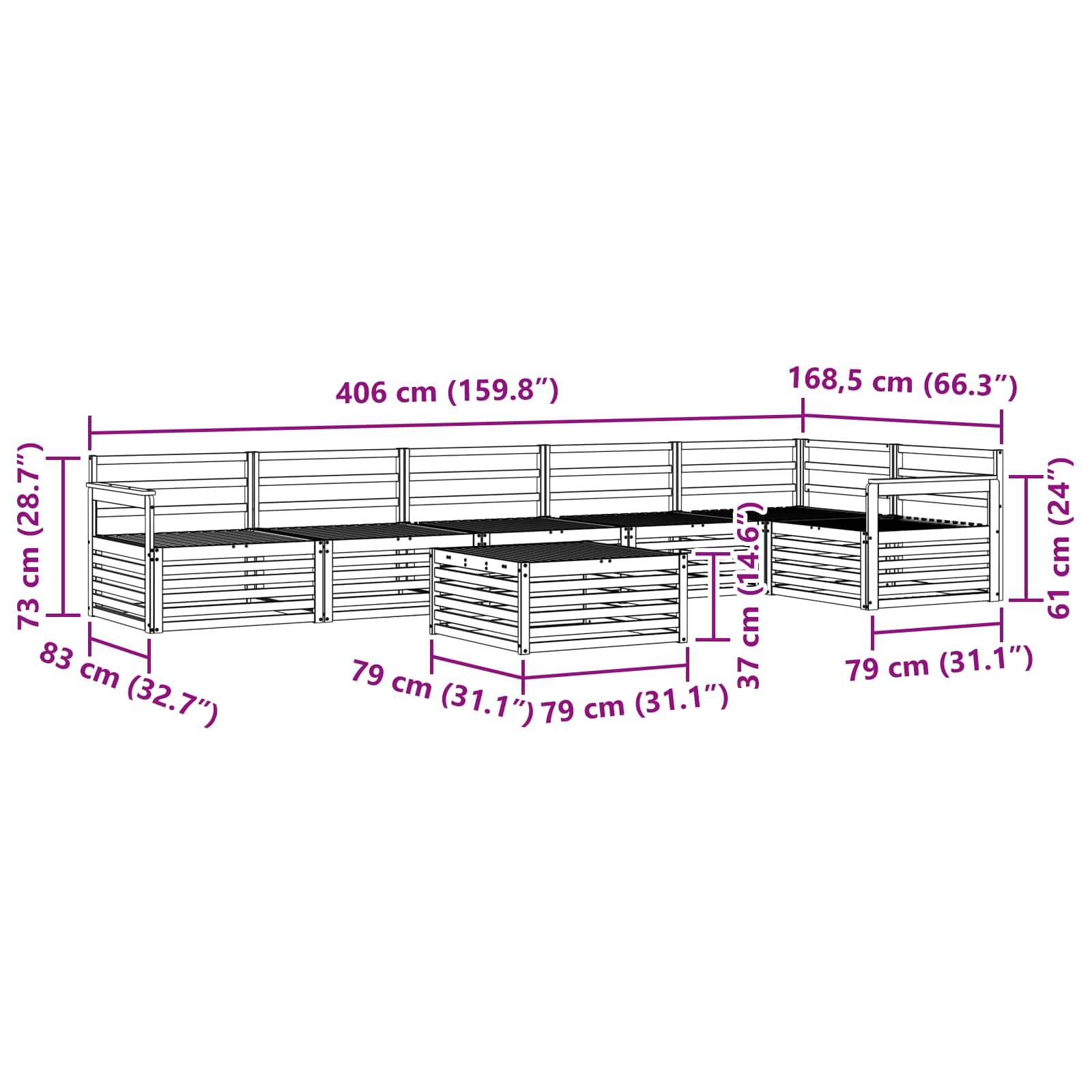 Illustration einer L-förmigen Holzbank mit Blumenkästen. Abmessungen beschriftet: Länge 406 cm, Höhe 73 cm und zusätzliche detaillierte Maße.