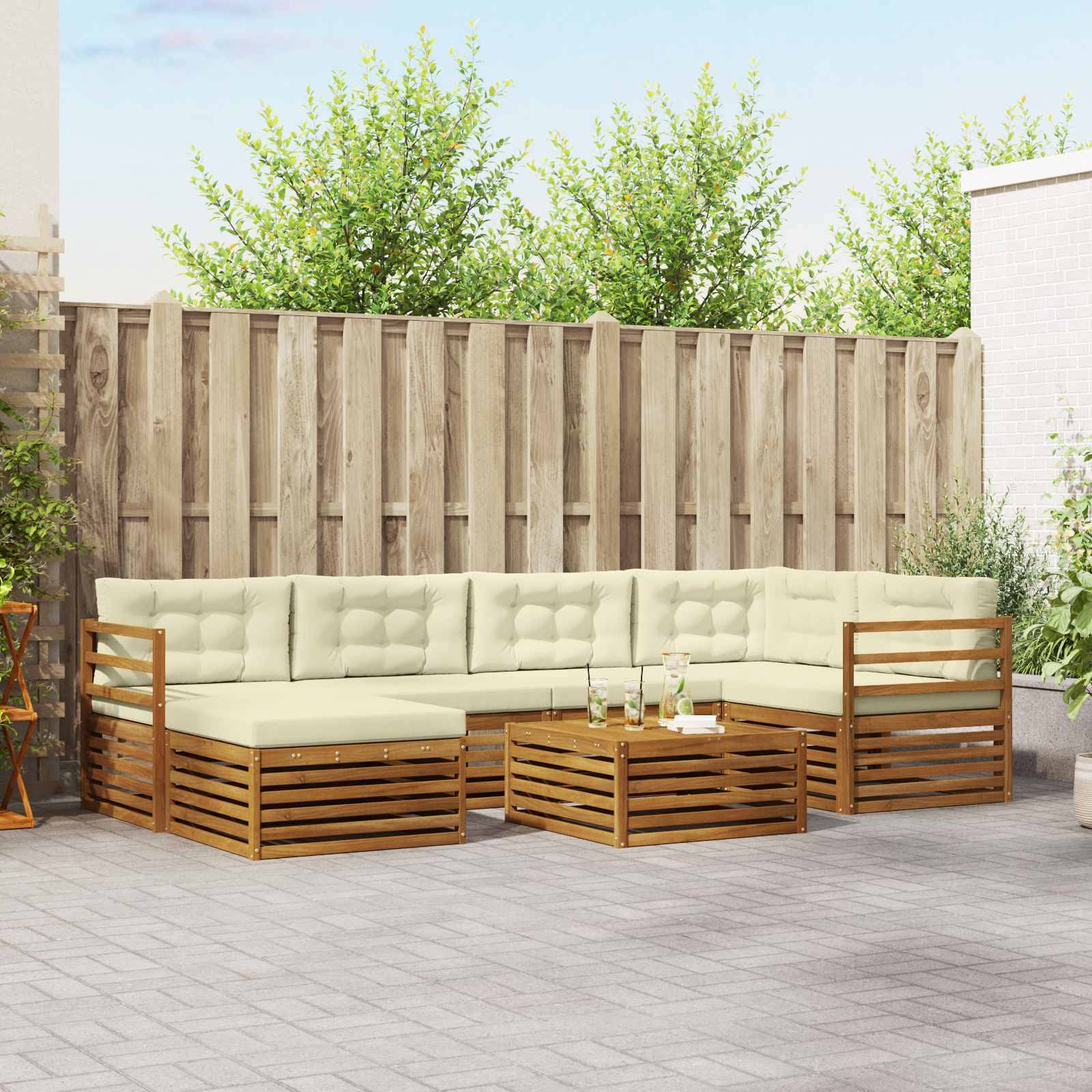 vidaXL Outdoor-Sofagarnitur mit Kissen 7 pcs Natur und Creme