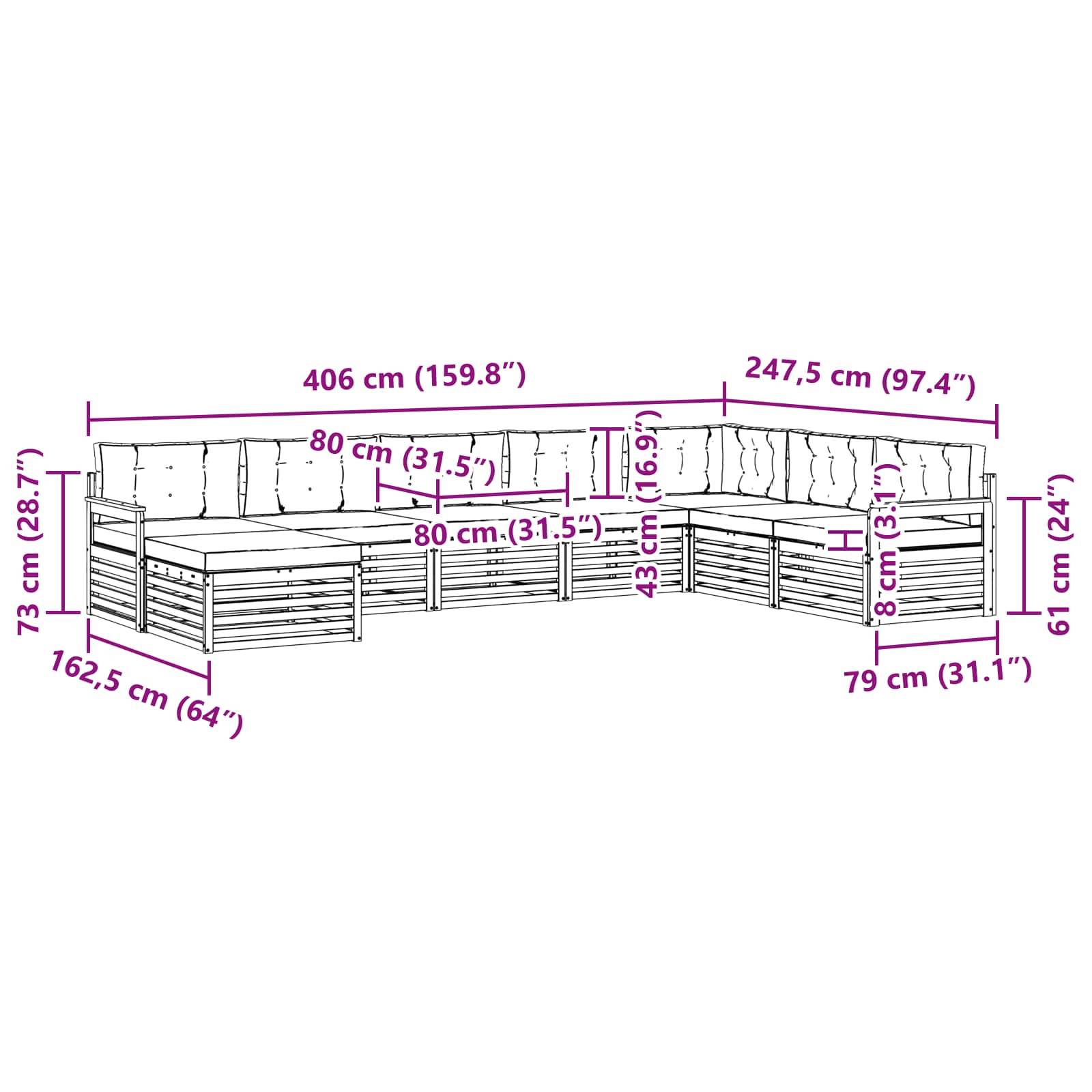 vidaXL Outdoor-Sofagarnitur 8 pcs Natur und Creme Massivholz Akazie