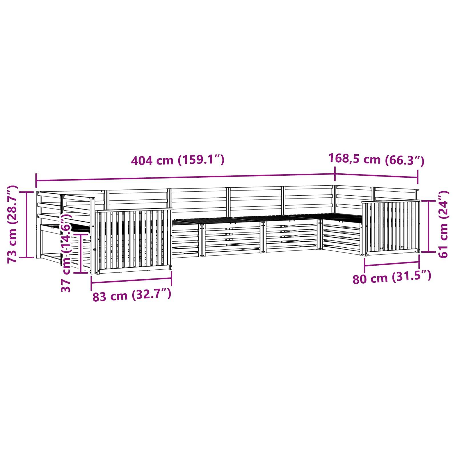 Outdoor-Holzeckbank mit Sicherheitsgeländern, dargestellt mit Abmessungen: 404 cm breit, 168,5 cm tief, 73 cm hoch.