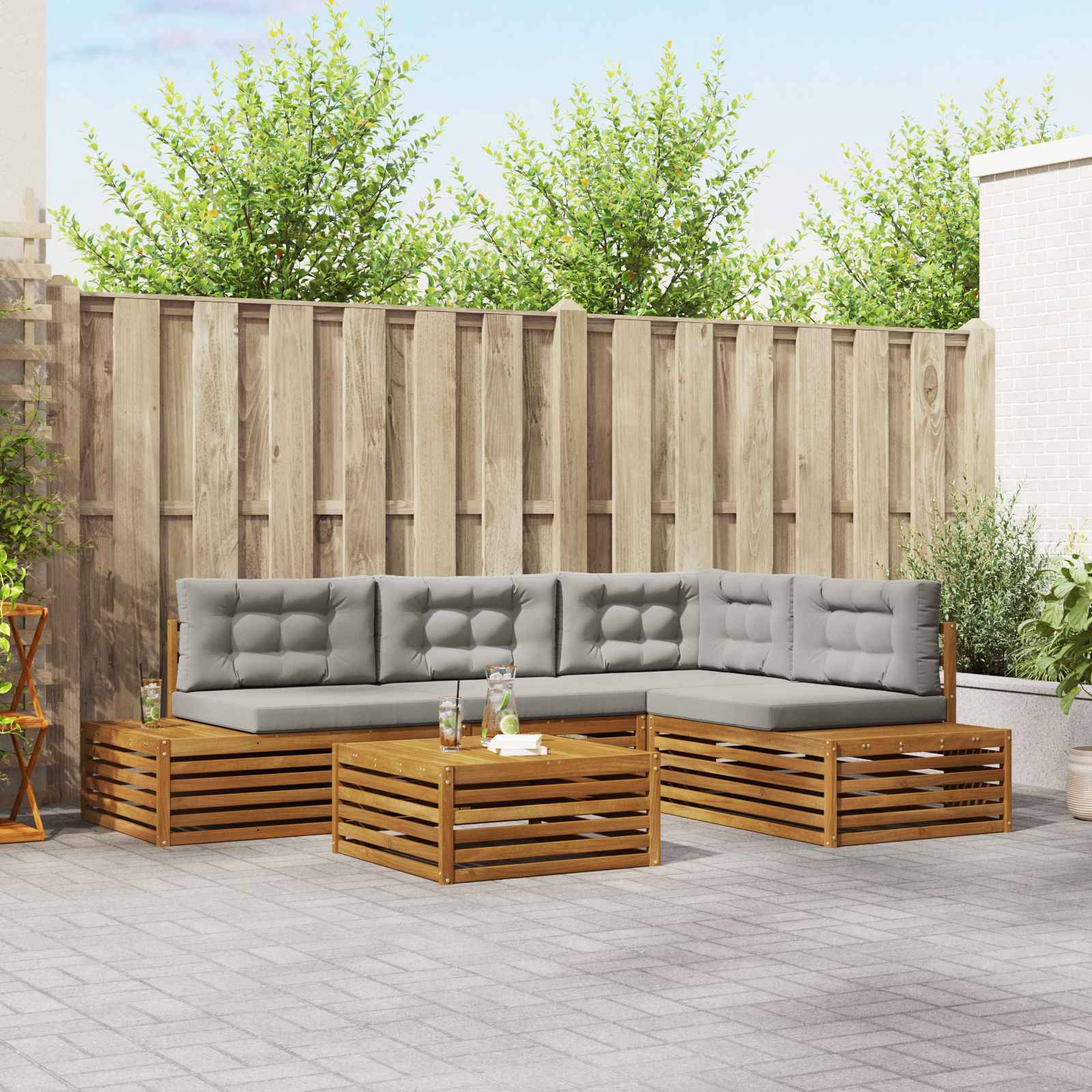 vidaXL Outdoor-Sofagarnitur mit Kissen 5 Stück Natürlich und Hellgrau