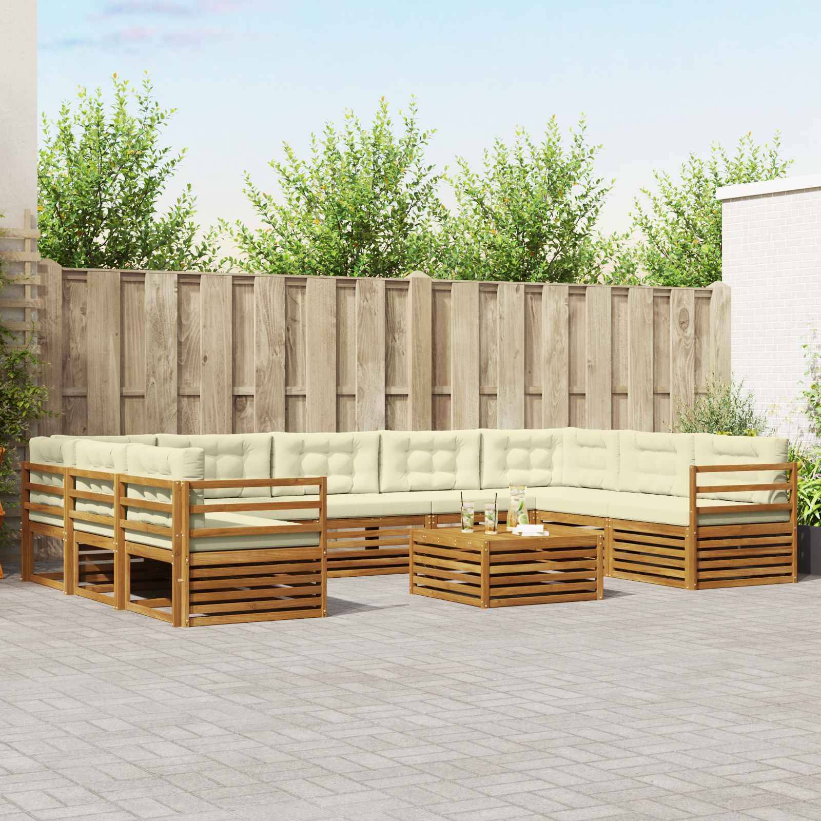 vidaXL Outdoor-Sofagarnitur 10 pcs Natur und Creme Massivholz Akazie