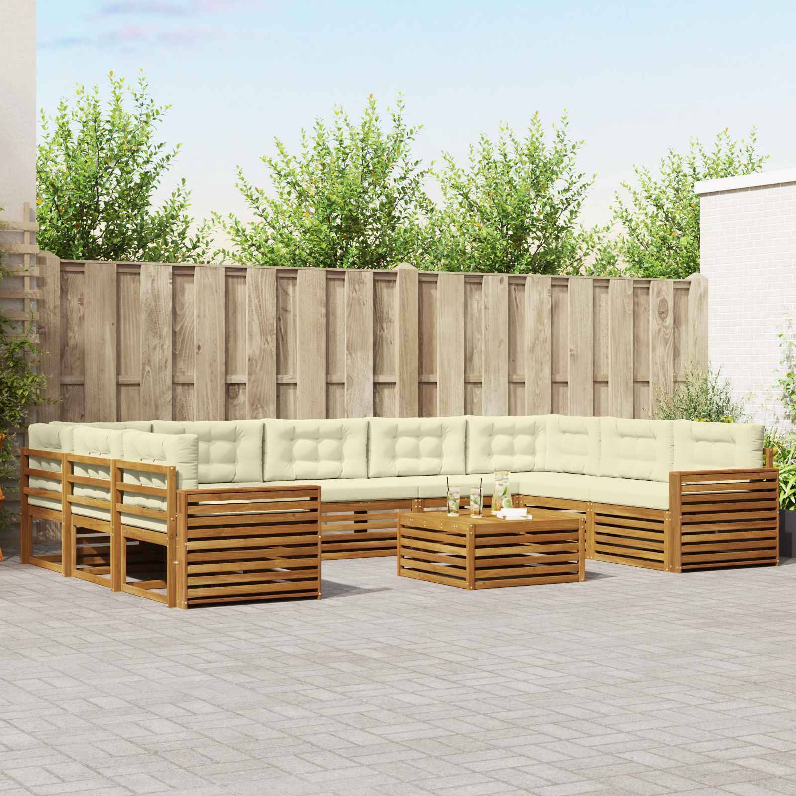 vidaXL Outdoor-Sofagarnitur 10 pcs Natur und Creme Massivholz Akazie