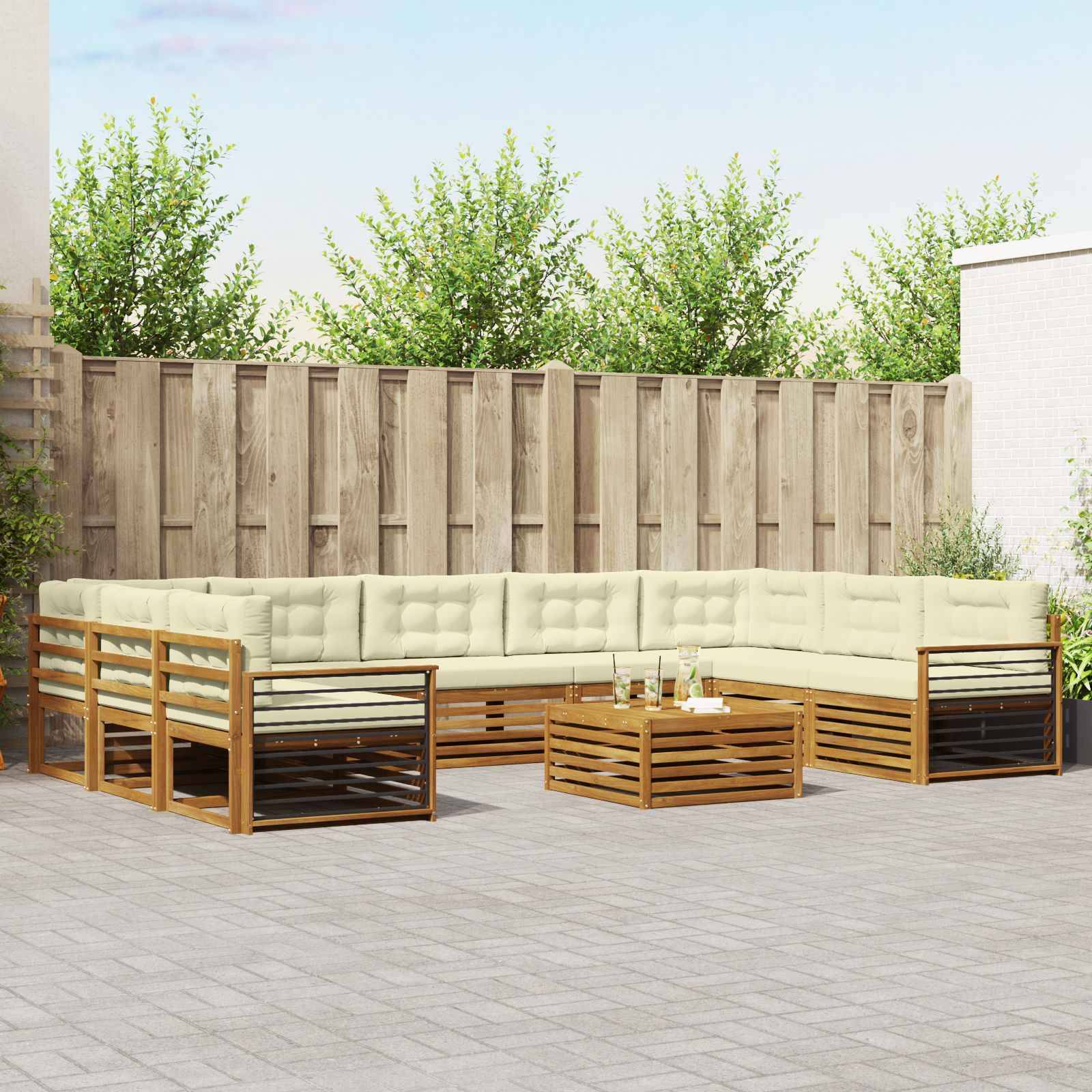 vidaXL Outdoor-Sofagarnitur 10 pcs Natur und Creme Massivholz Akazie