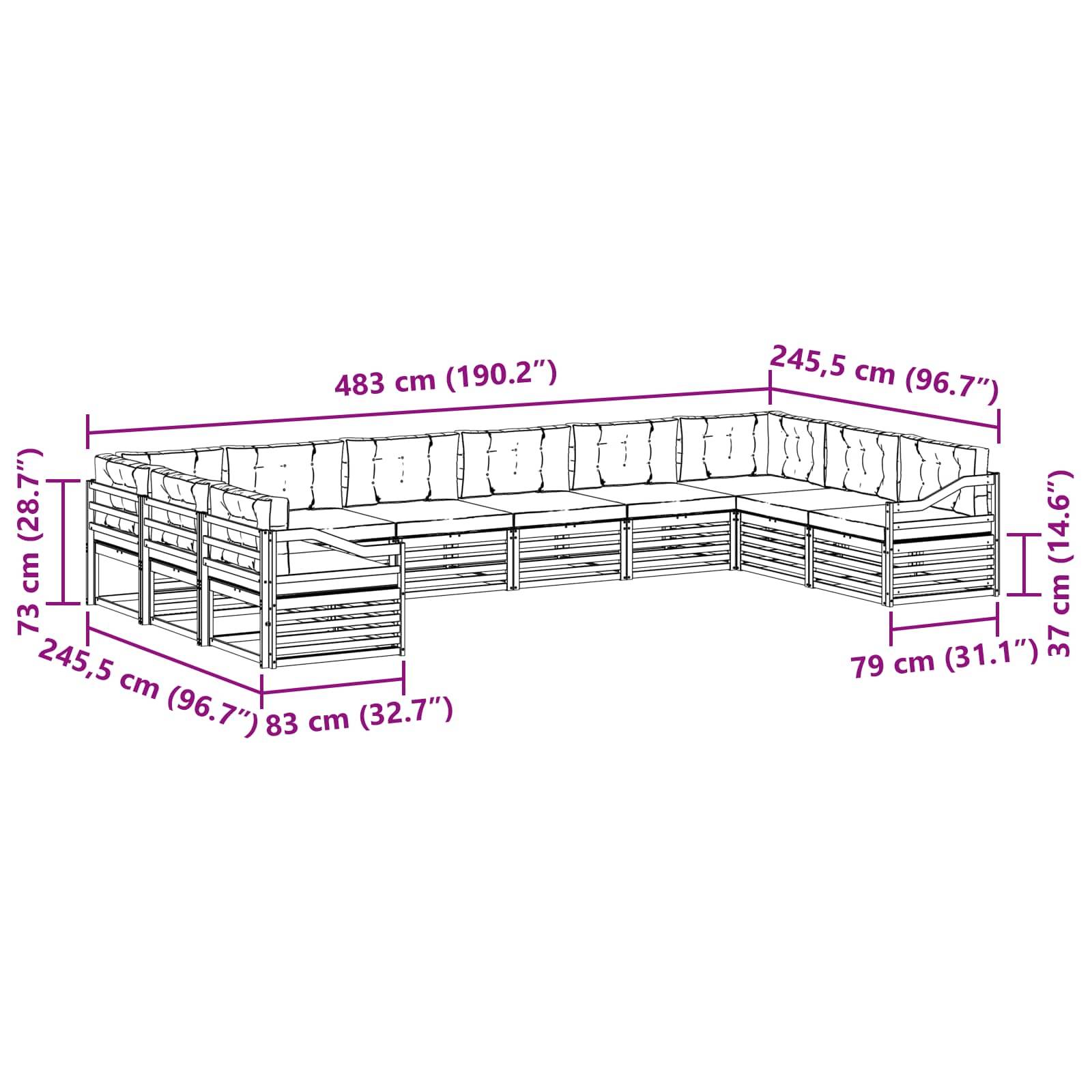 Outdoor-Loungesofa-Set mit beigen Kissen und Holzrahmen, mit einem rechtwinkligen Design. Geeignet für Terrassen- oder Gartensitzplätze.