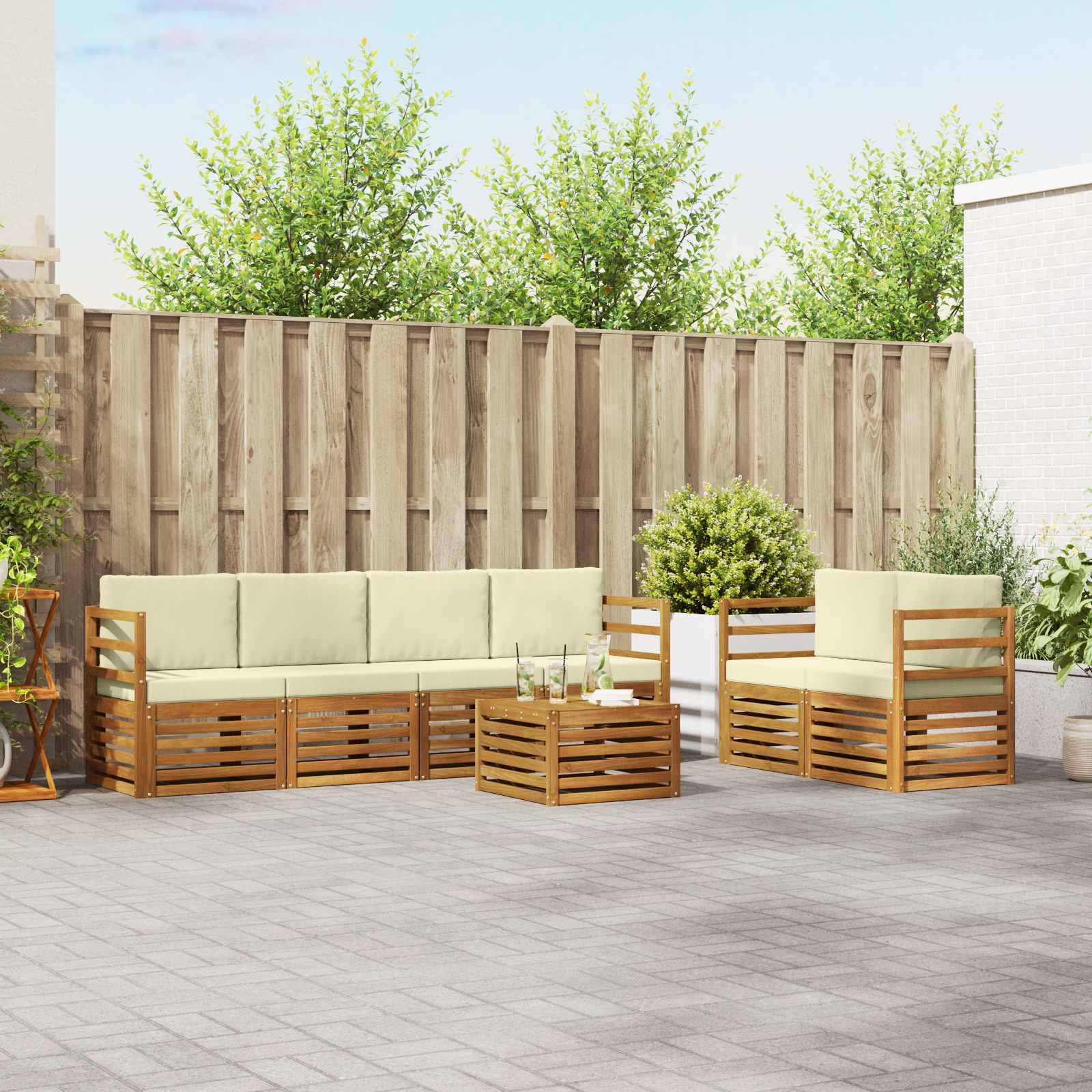 vidaXL Outdoor-Sofagarnitur 7 pcs Natur und Creme Massivholz Akazie
