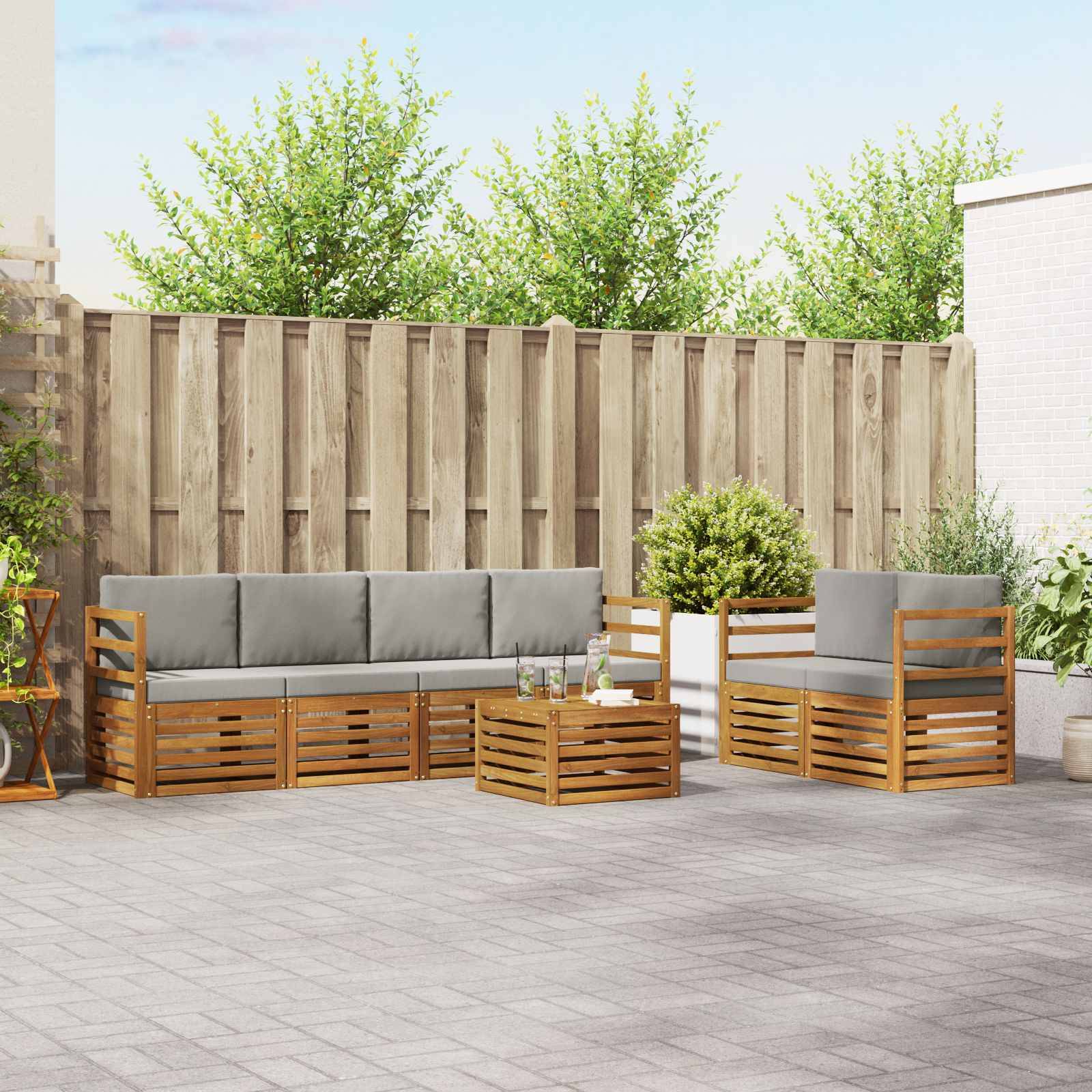 vidaXL Outdoor-Sofagarnitur mit Kissen 7 pcs Natürlich und Hellgrau