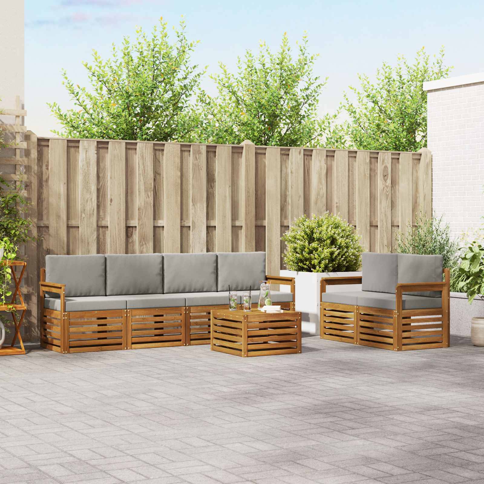 vidaXL Outdoor-Sofagarnitur mit Kissen 7 pcs Natürlich und Hellgrau