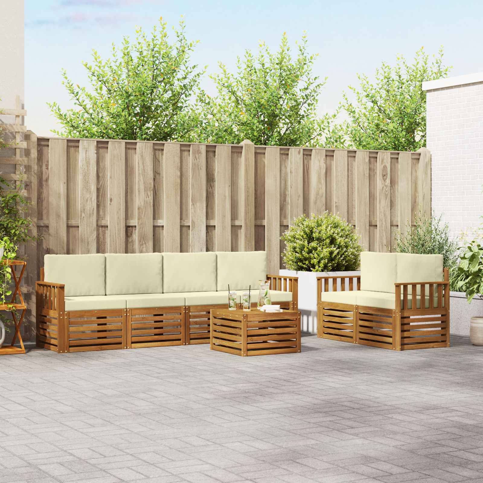 vidaXL Outdoor-Sofagarnitur 7 pcs Natur und Creme Massivholz Akazie