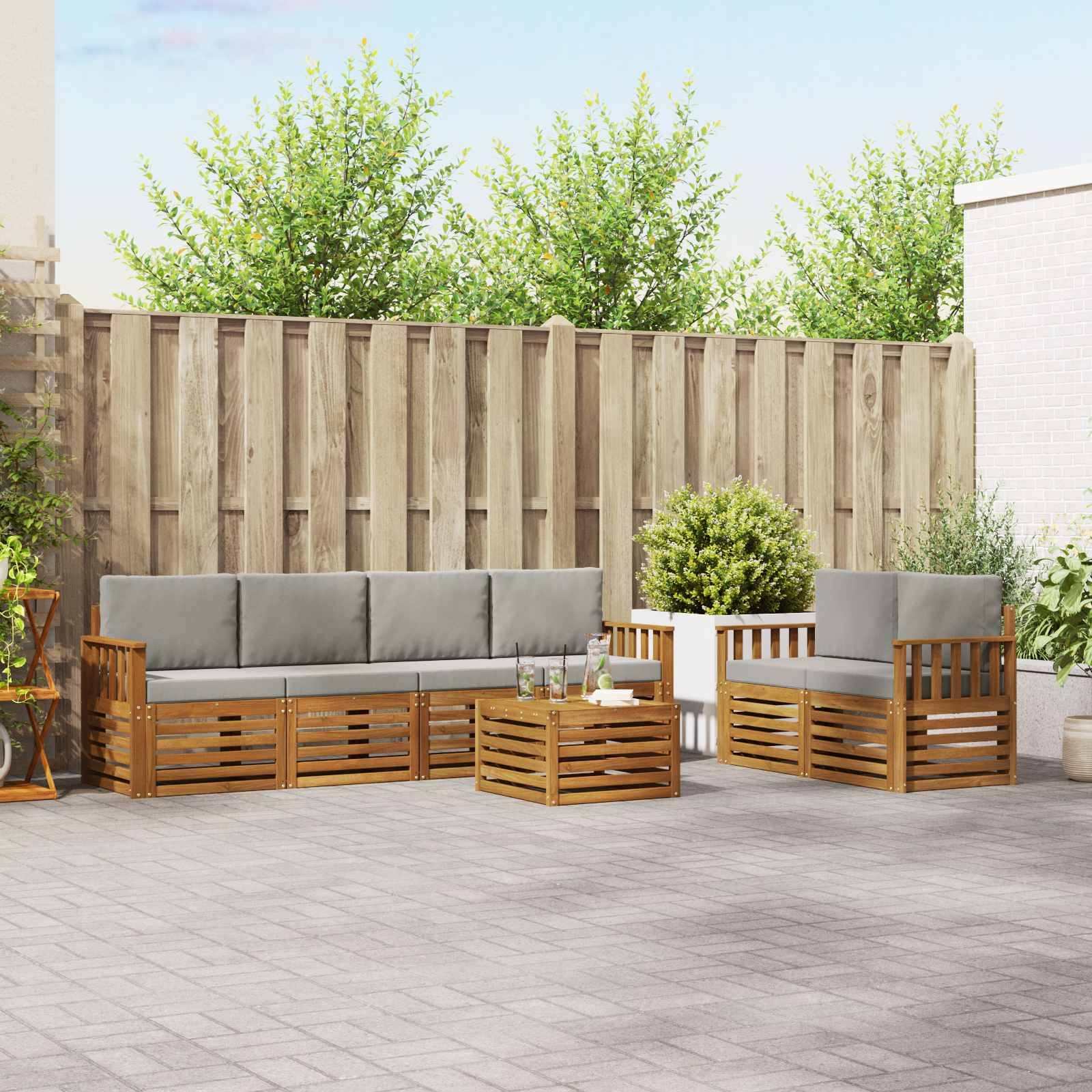vidaXL Outdoor-Sofagarnitur mit Kissen 7 pcs Natürlich und Hellgrau