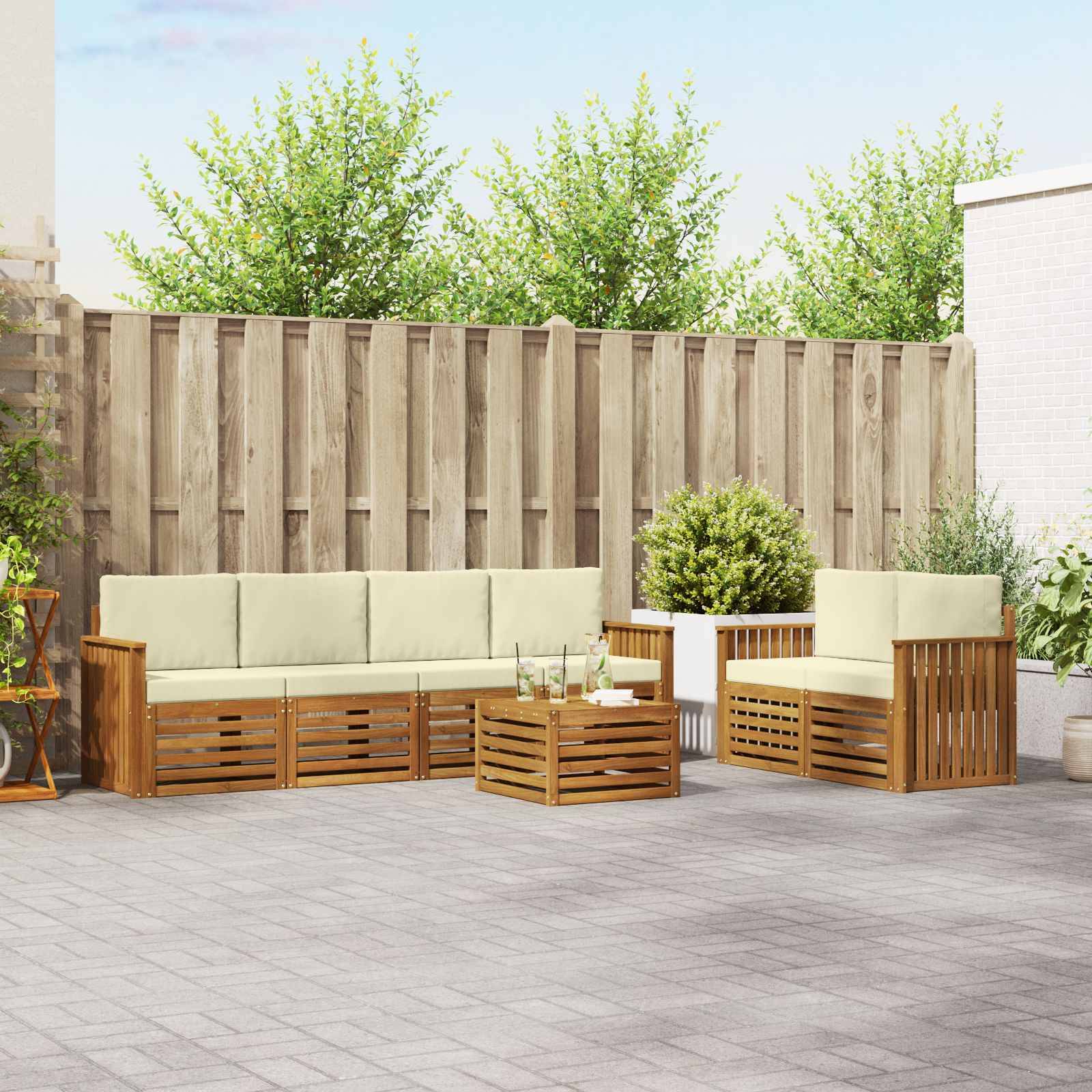 vidaXL Outdoor-Sofagarnitur 7 pcs Natur und Creme Massivholz Akazie