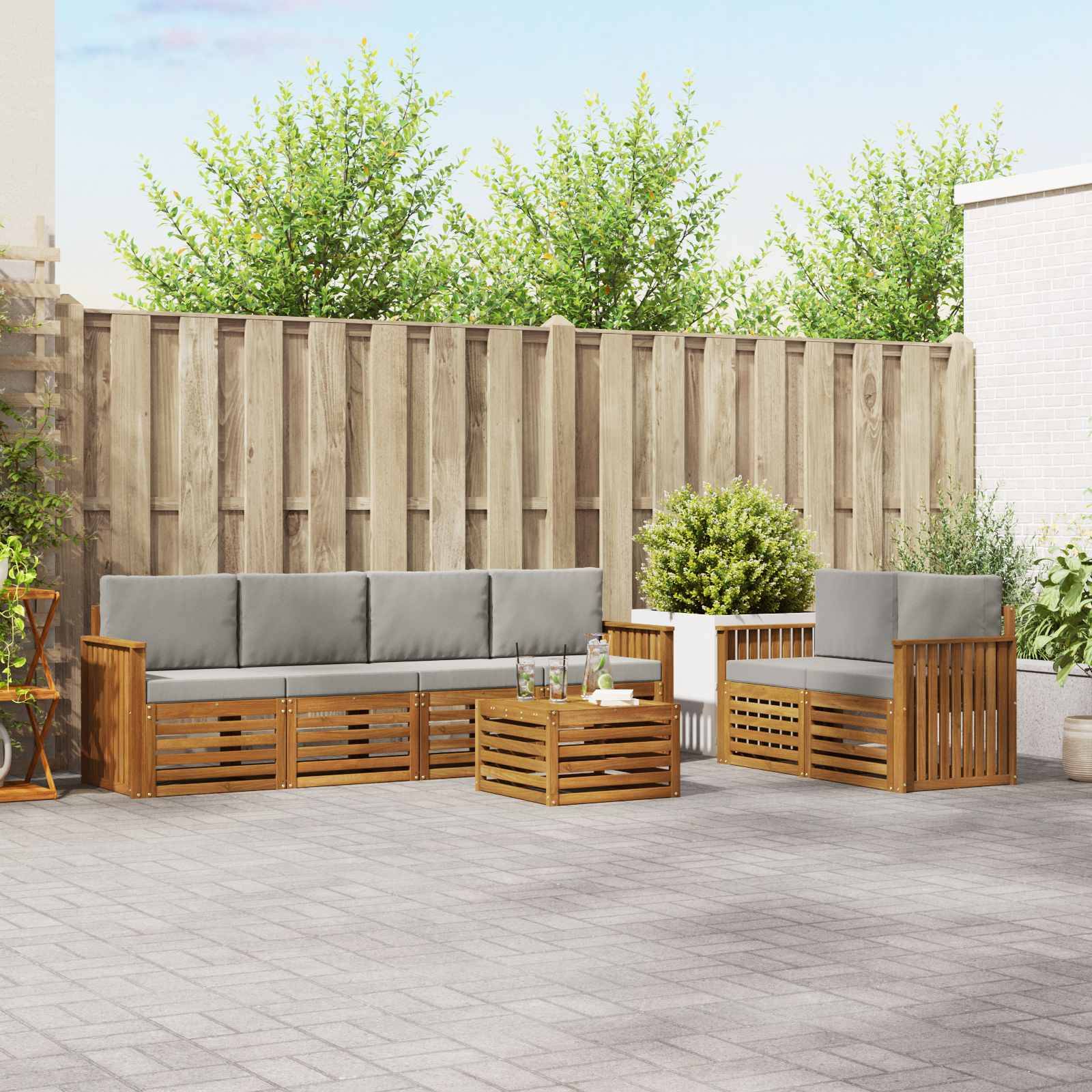 vidaXL Outdoor-Sofagarnitur mit Kissen 7 pcs Natürlich und Hellgrau