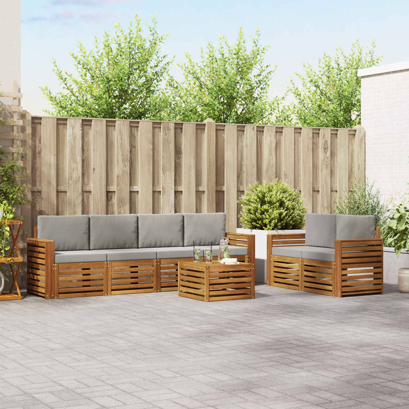 vidaXL Outdoor-Sofagarnitur mit Kissen 7 pcs Natürlich und Hellgrau