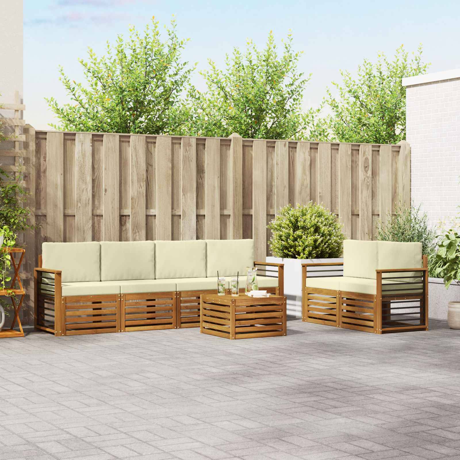 vidaXL Outdoor-Sofagarnitur 7 pcs Natur und Creme Massivholz Akazie