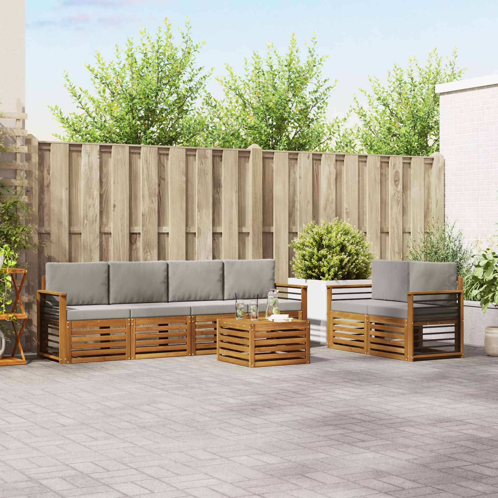 vidaXL Outdoor-Sofagarnitur mit Kissen 7 pcs Natürlich und Hellgrau