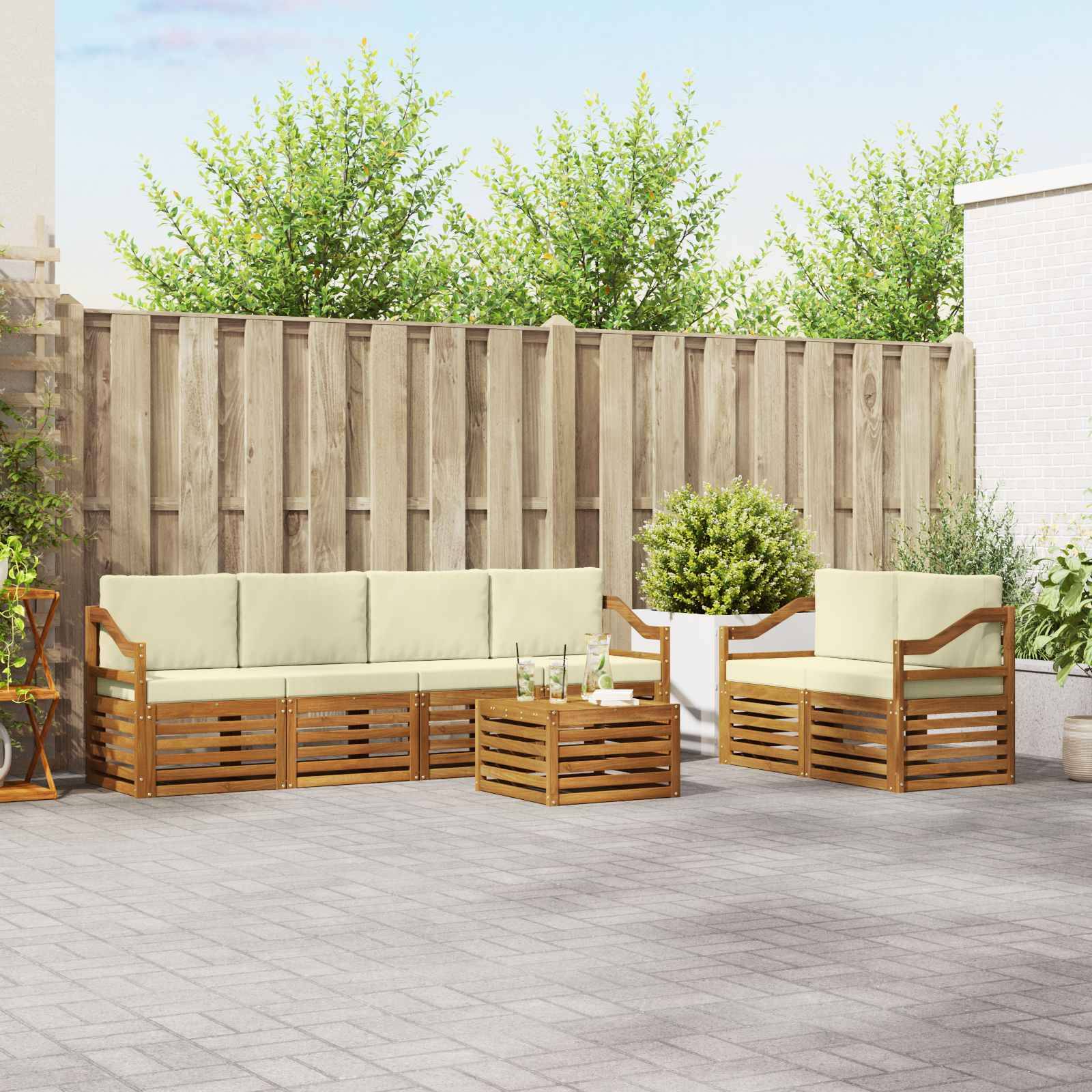 vidaXL Outdoor-Sofagarnitur 7 pcs Natur und Creme Massivholz Akazie