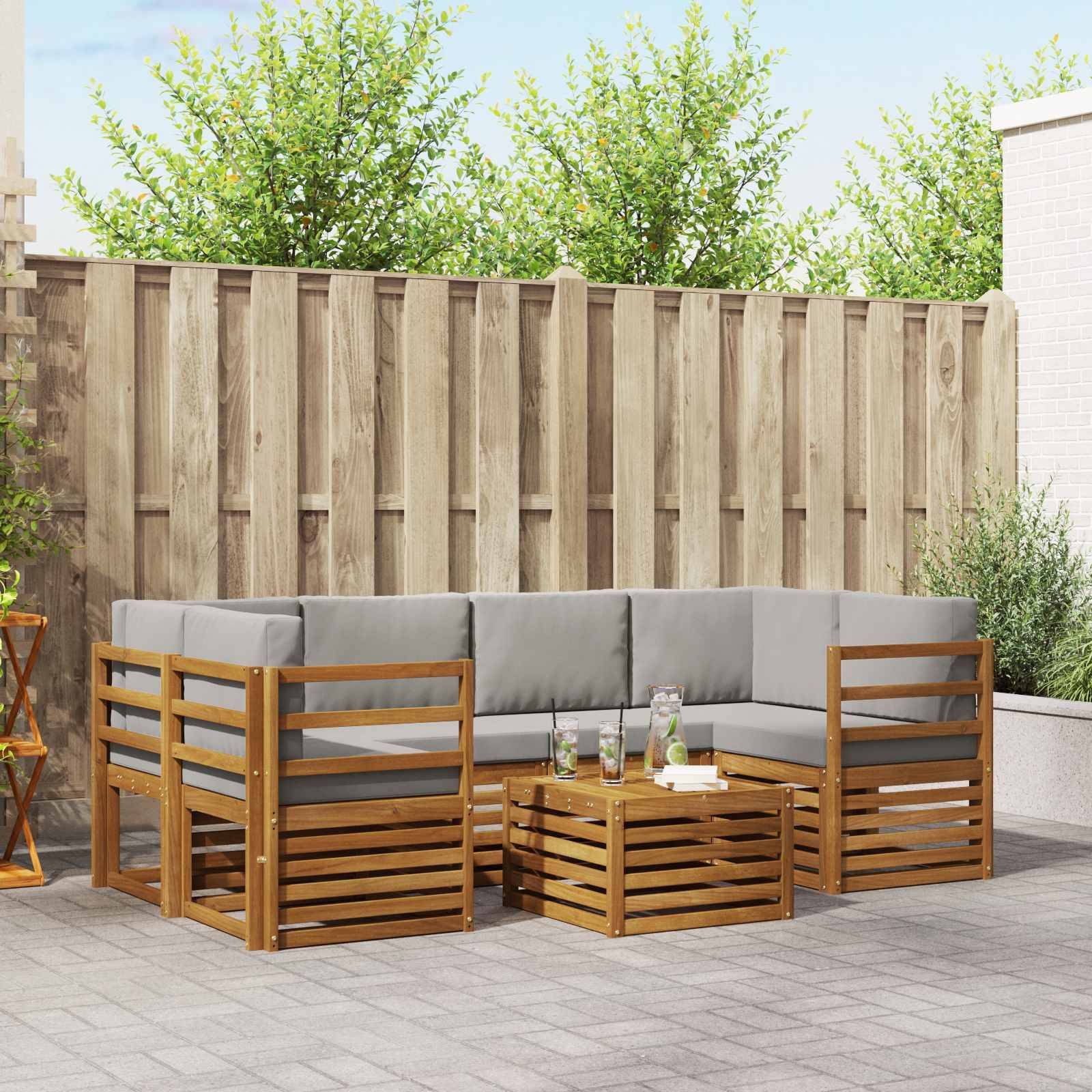 vidaXL Outdoor-Sofagarnitur mit Kissen 7 pcs Natürlich und Hellgrau