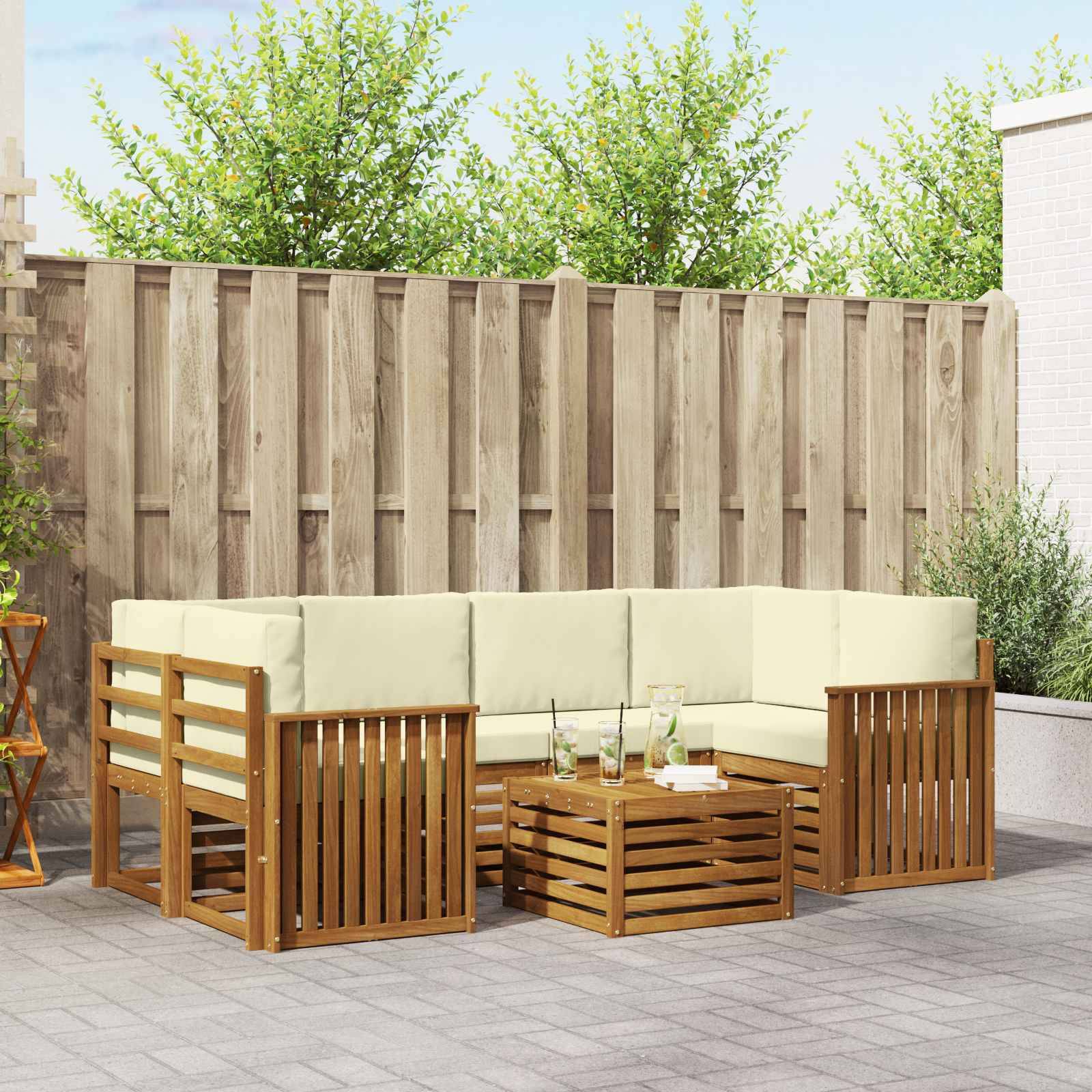 vidaXL Outdoor-Sofagarnitur 7 pcs Natur und Creme Massivholz Akazie
