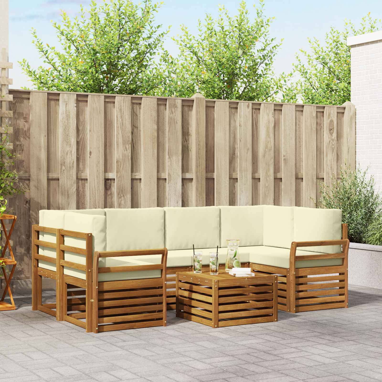vidaXL Outdoor-Sofagarnitur 7 pcs Natur und Creme Massivholz Akazie