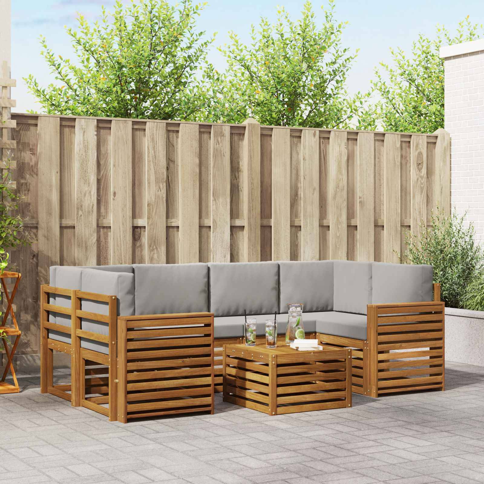 vidaXL Outdoor-Sofagarnitur mit Kissen 7 pcs Natürlich und Hellgrau