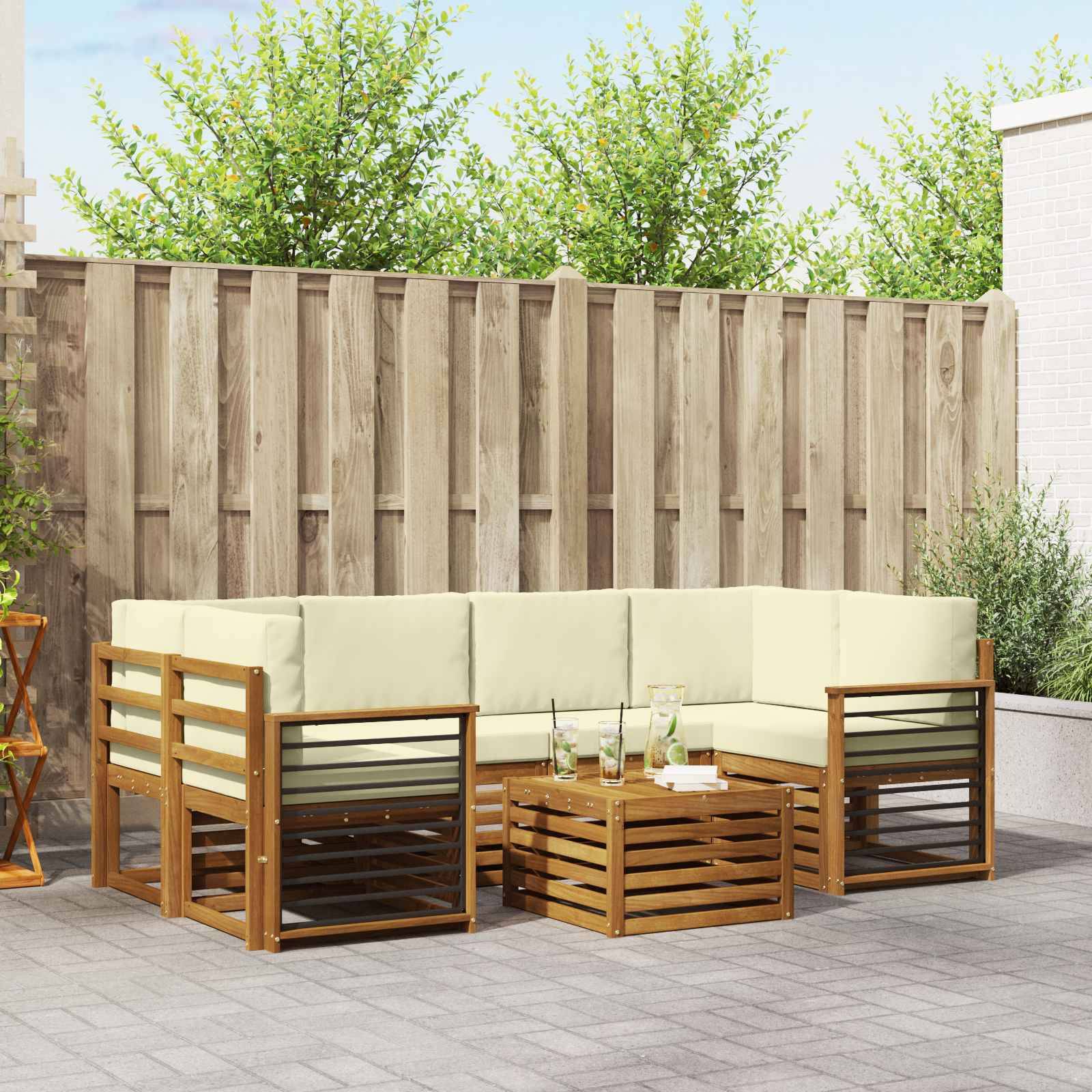 vidaXL Outdoor-Sofagarnitur 7 pcs Natur und Creme Massivholz Akazie