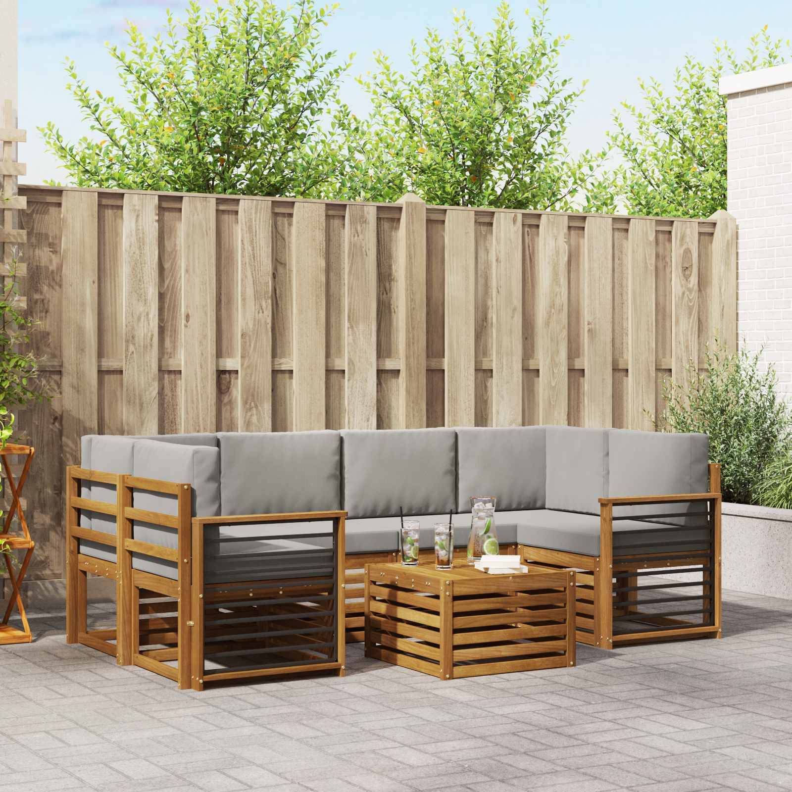 vidaXL Outdoor-Sofagarnitur mit Kissen 7 pcs Natürlich und Hellgrau