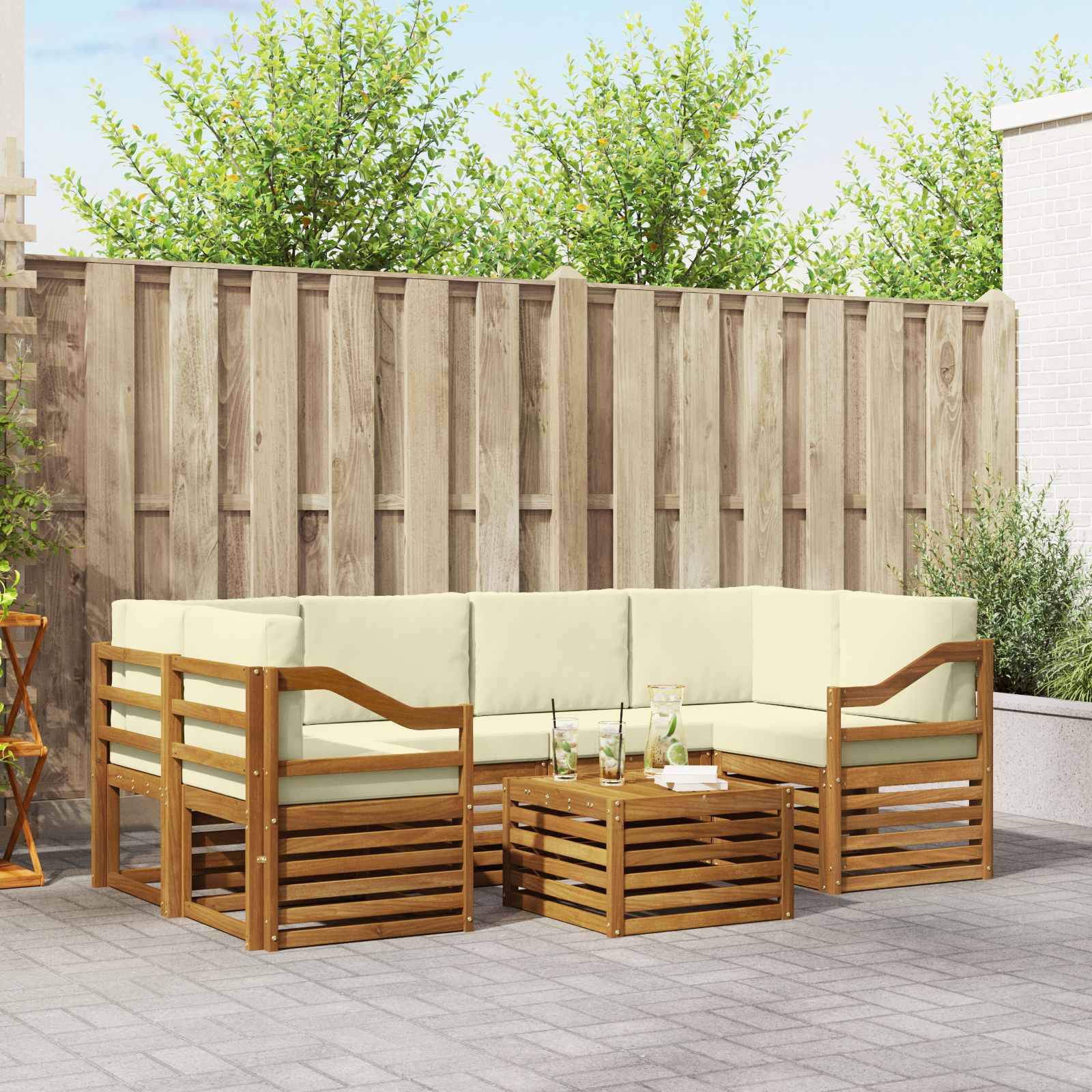 vidaXL Outdoor-Sofagarnitur 7 pcs Natur und Creme Massivholz Akazie