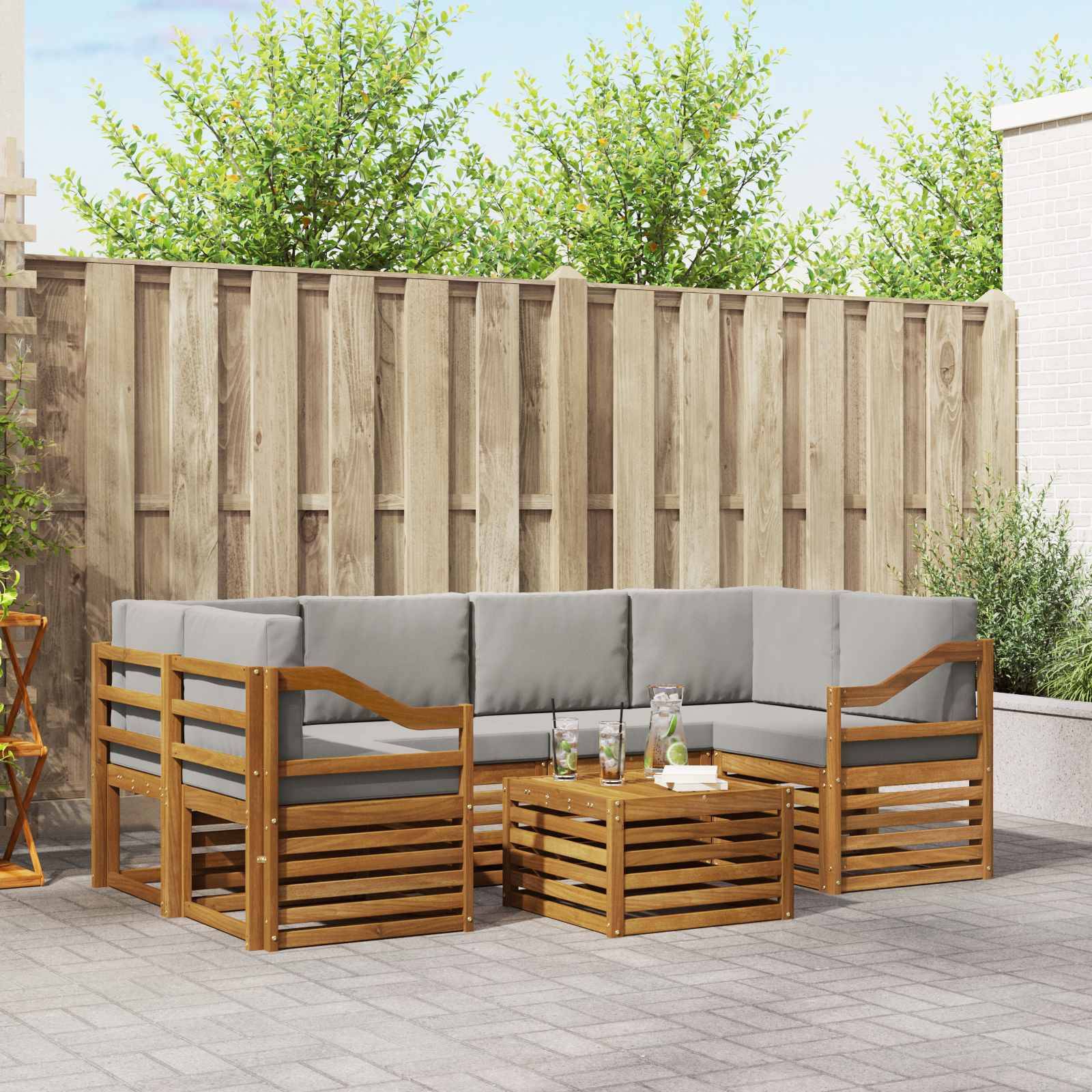 vidaXL Outdoor-Sofagarnitur mit Kissen 7 pcs Natürlich und Hellgrau