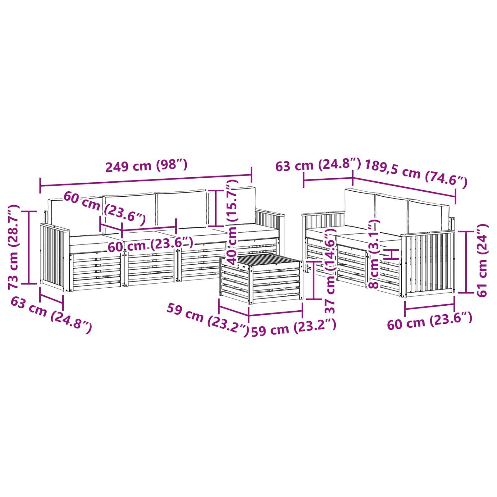 vidaXL Sofagarnituren 8 pcs Natürlich und Hellgrau Massivholz Akazie