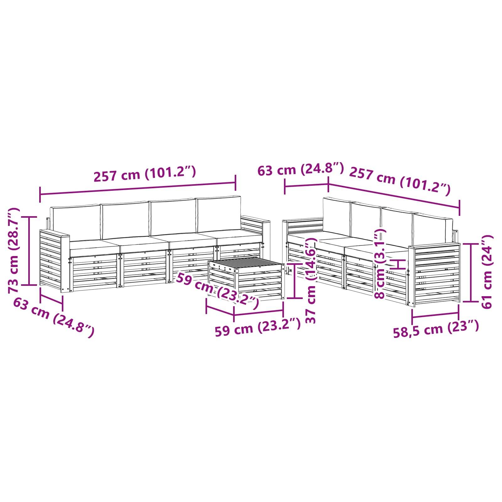 vidaXL Sofagarnituren 9 pcs Natürlich und Hellgrau Massivholz Akazie