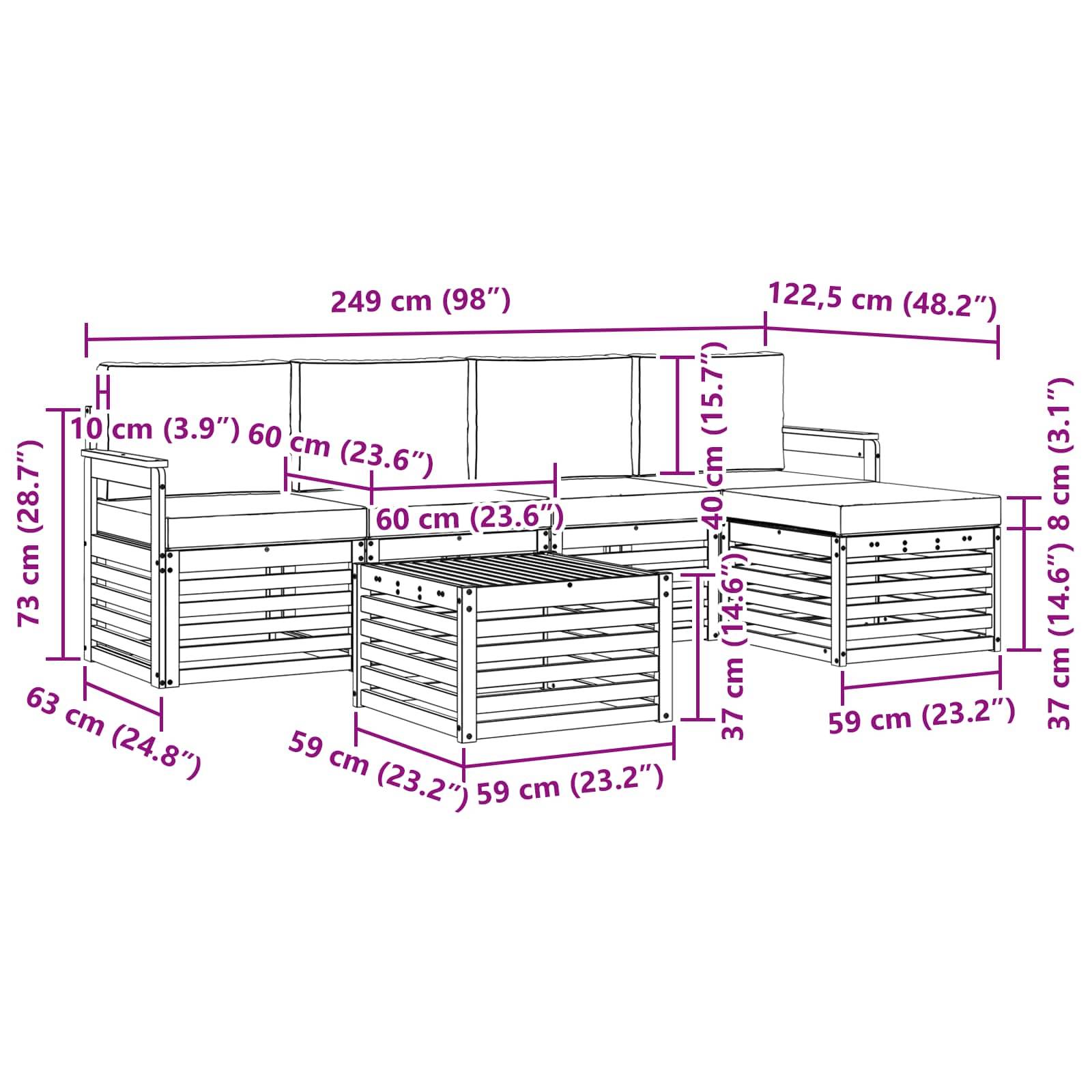 vidaXL Outdoor-Sofagarnitur 6 pcs Weiß und Hellgrau 59 x 59 x 37 cm