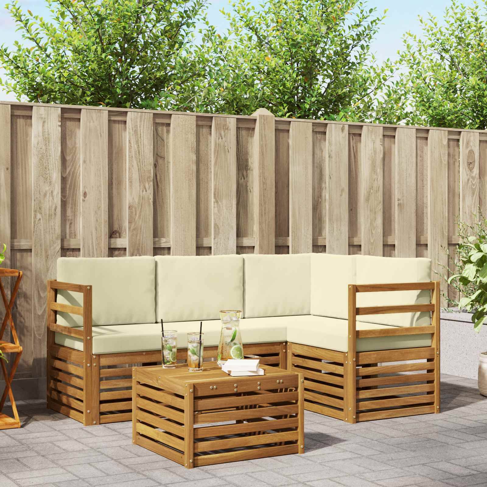 vidaXL Outdoor-Sofagarnitur 5 pcs Natur und Creme Massivholz Akazie