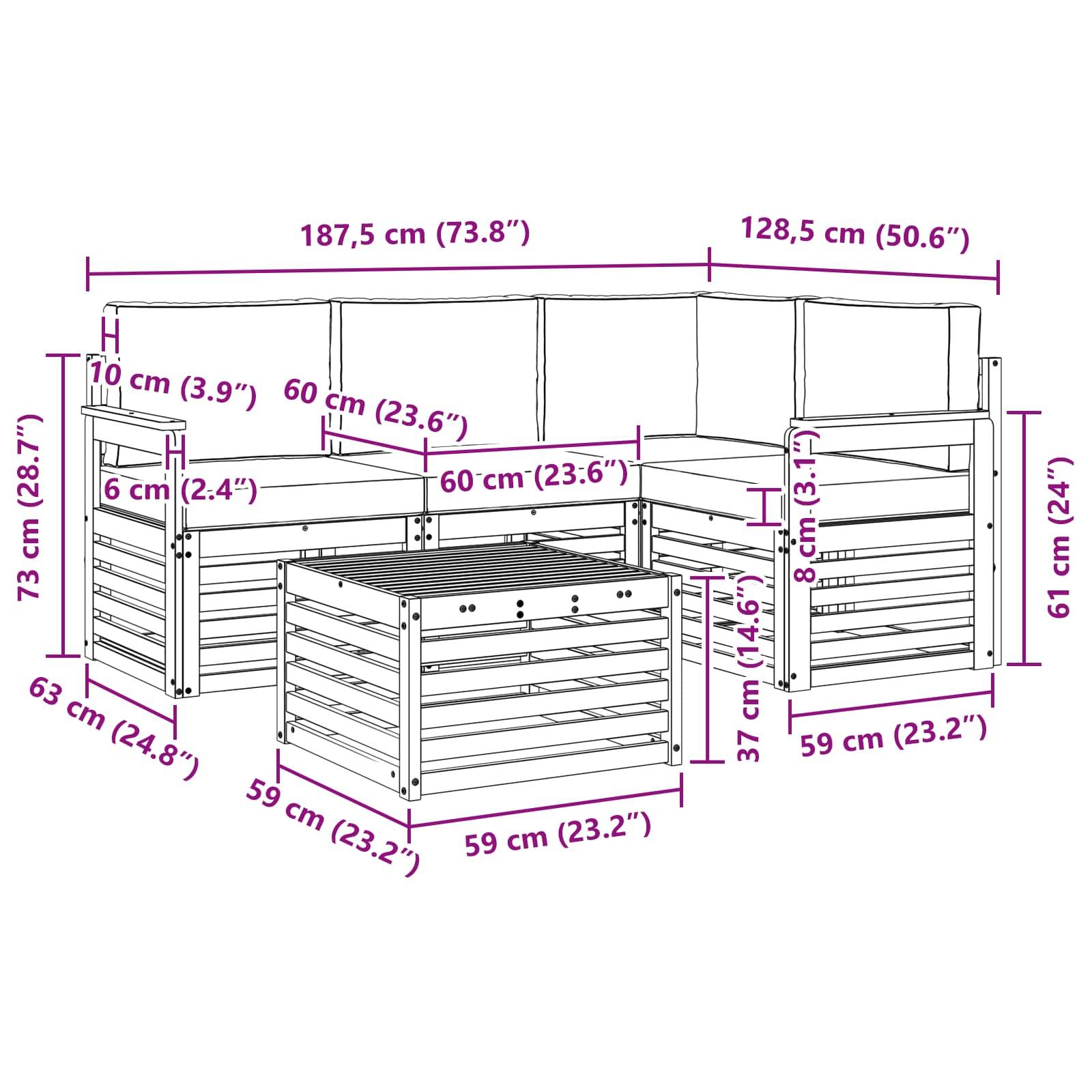 vidaXL Outdoor-Sofagarnitur 5 pcs Natur und Creme Massivholz Akazie