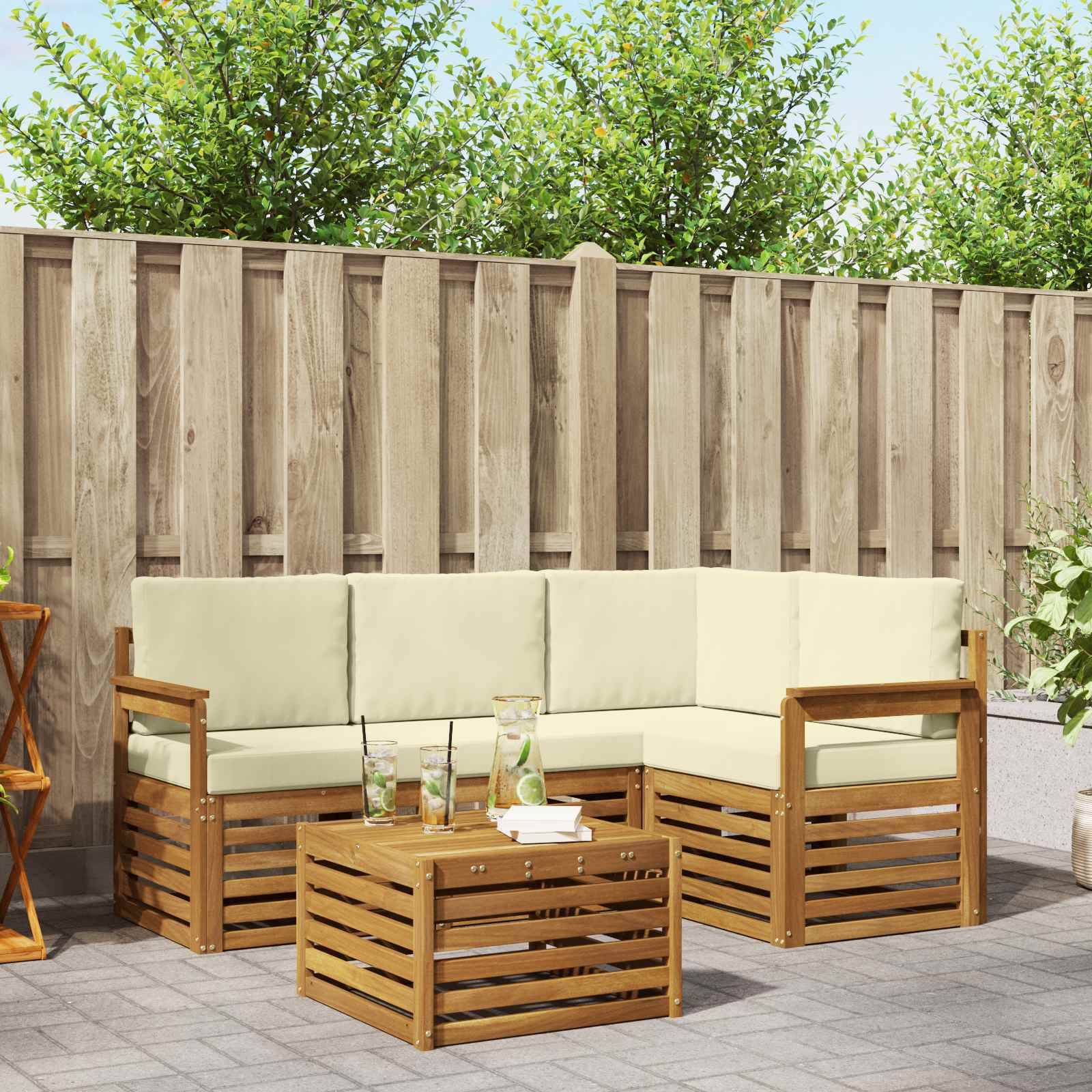 vidaXL Outdoor-Sofagarnitur 5 pcs Natur und Creme Massivholz Akazie