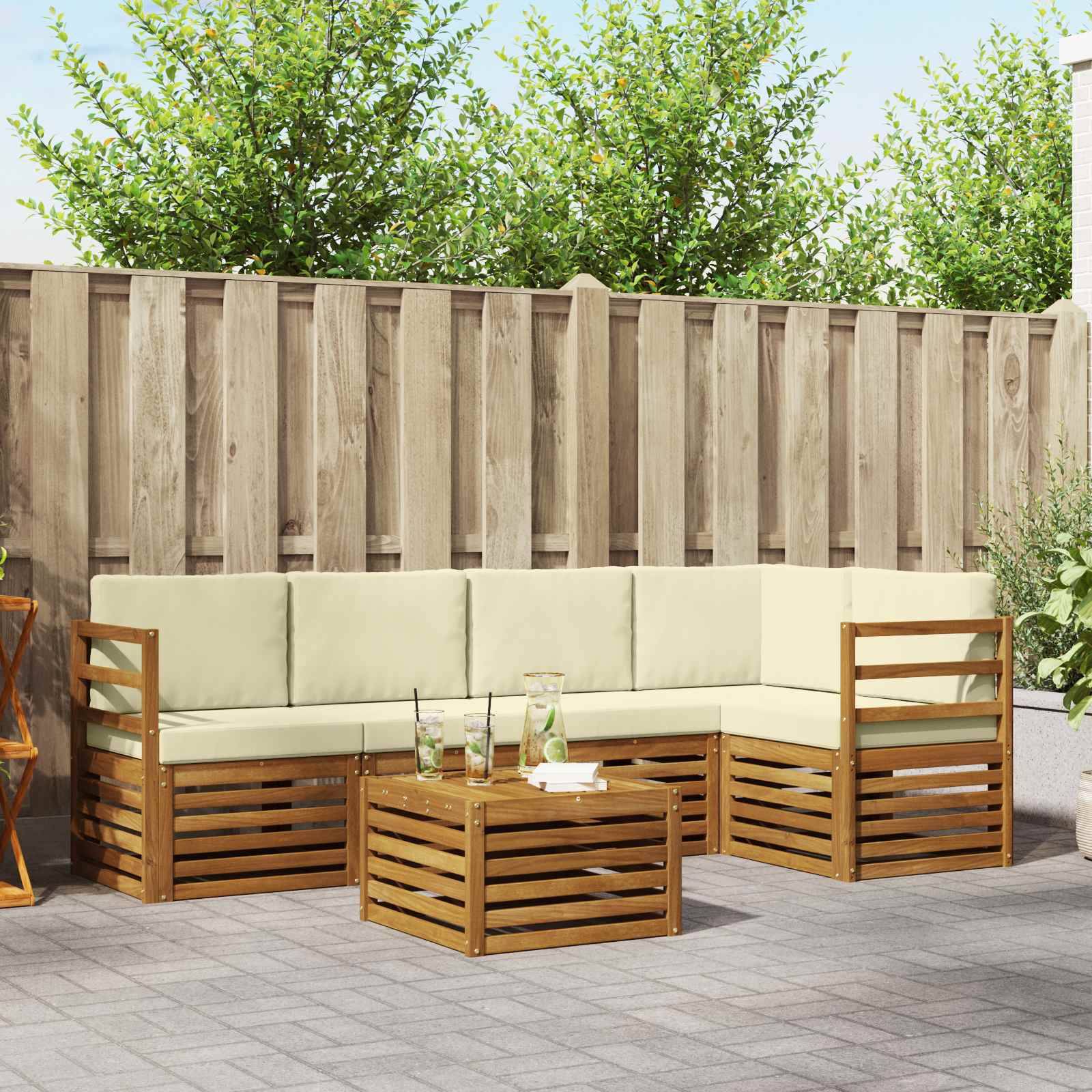 vidaXL Ecksofa Set mit Kissen 6 pcs Natur und Creme Massivholz Akazie