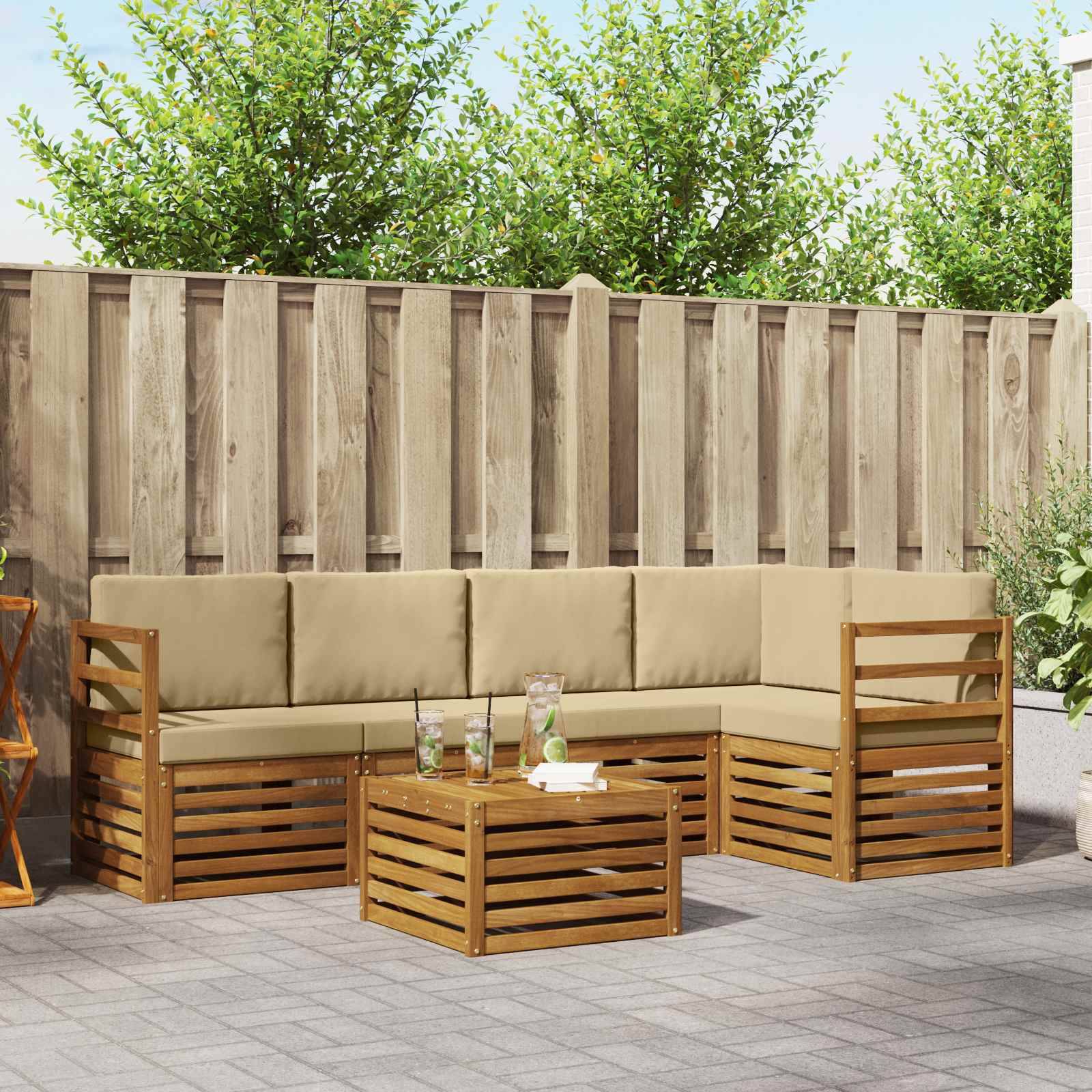 vidaXL Ecksofa Set mit Kissen 6 pcs Natur und Beige Massivholz Akazie