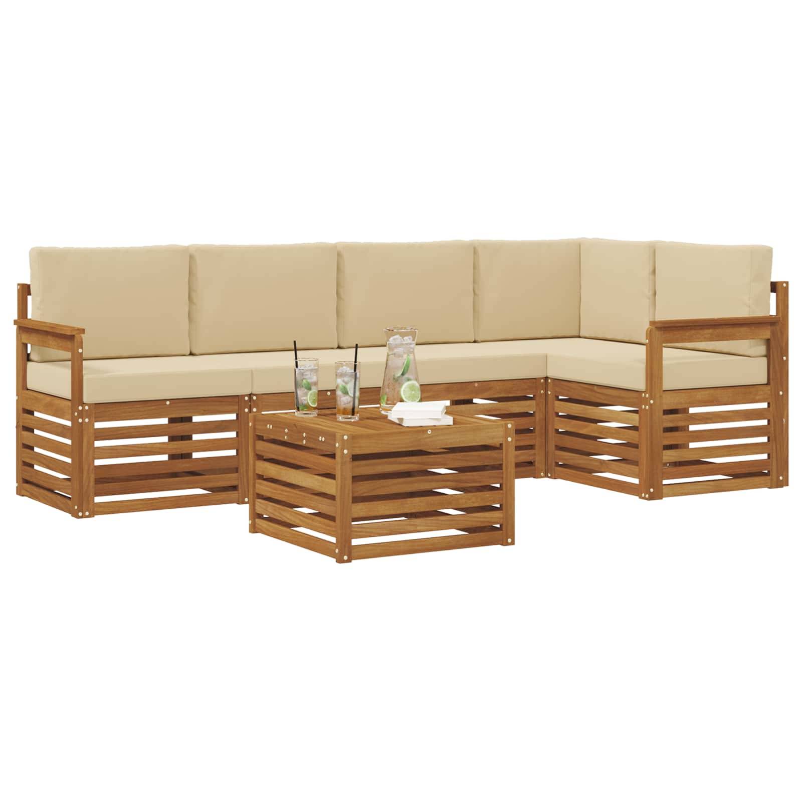 vidaXL Ecksofa Set mit Kissen 6 pcs Natur und Beige Massivholz Akazie