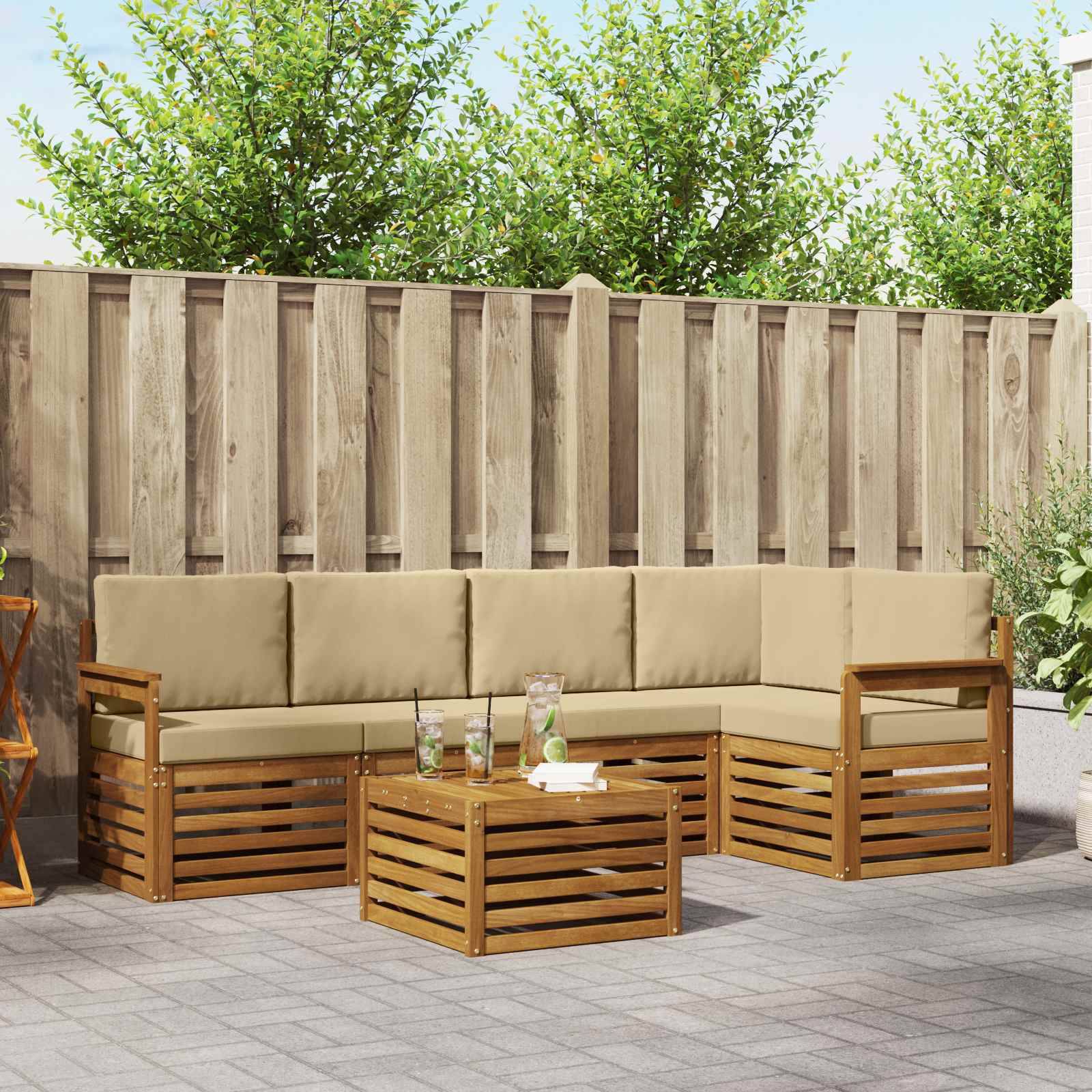 vidaXL Ecksofa Set mit Kissen 6 pcs Natur und Beige Massivholz Akazie
