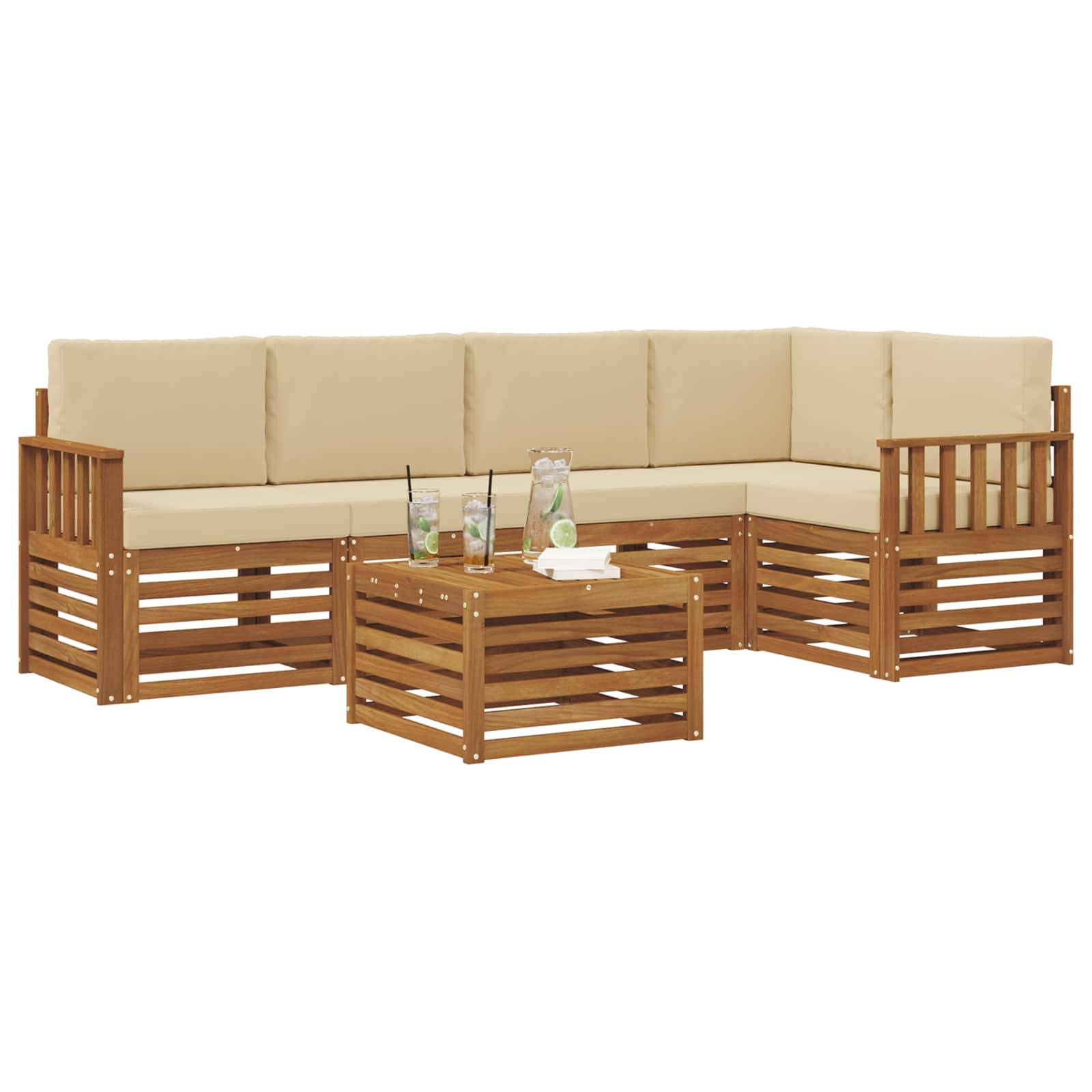 vidaXL Ecksofa Set mit Kissen 6 pcs Natur und Beige Massivholz Akazie