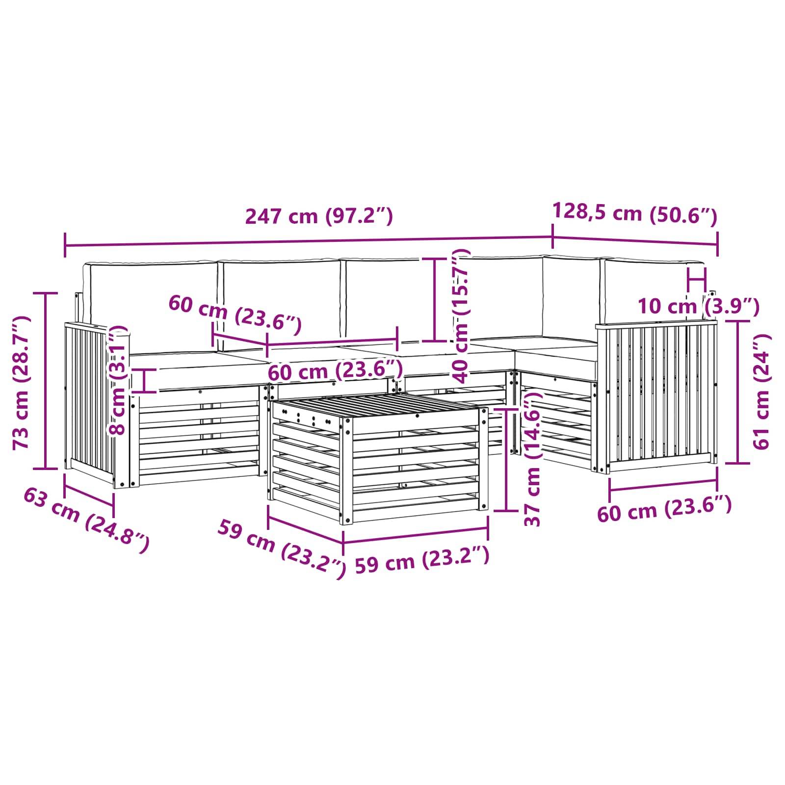 vidaXL Ecksofa Set mit Kissen 6 pcs Natur und Creme Massivholz Akazie