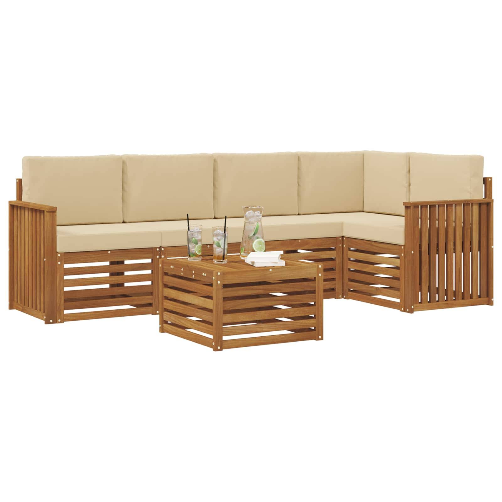 vidaXL Ecksofa Set mit Kissen 6 pcs Natur und Beige Massivholz Akazie